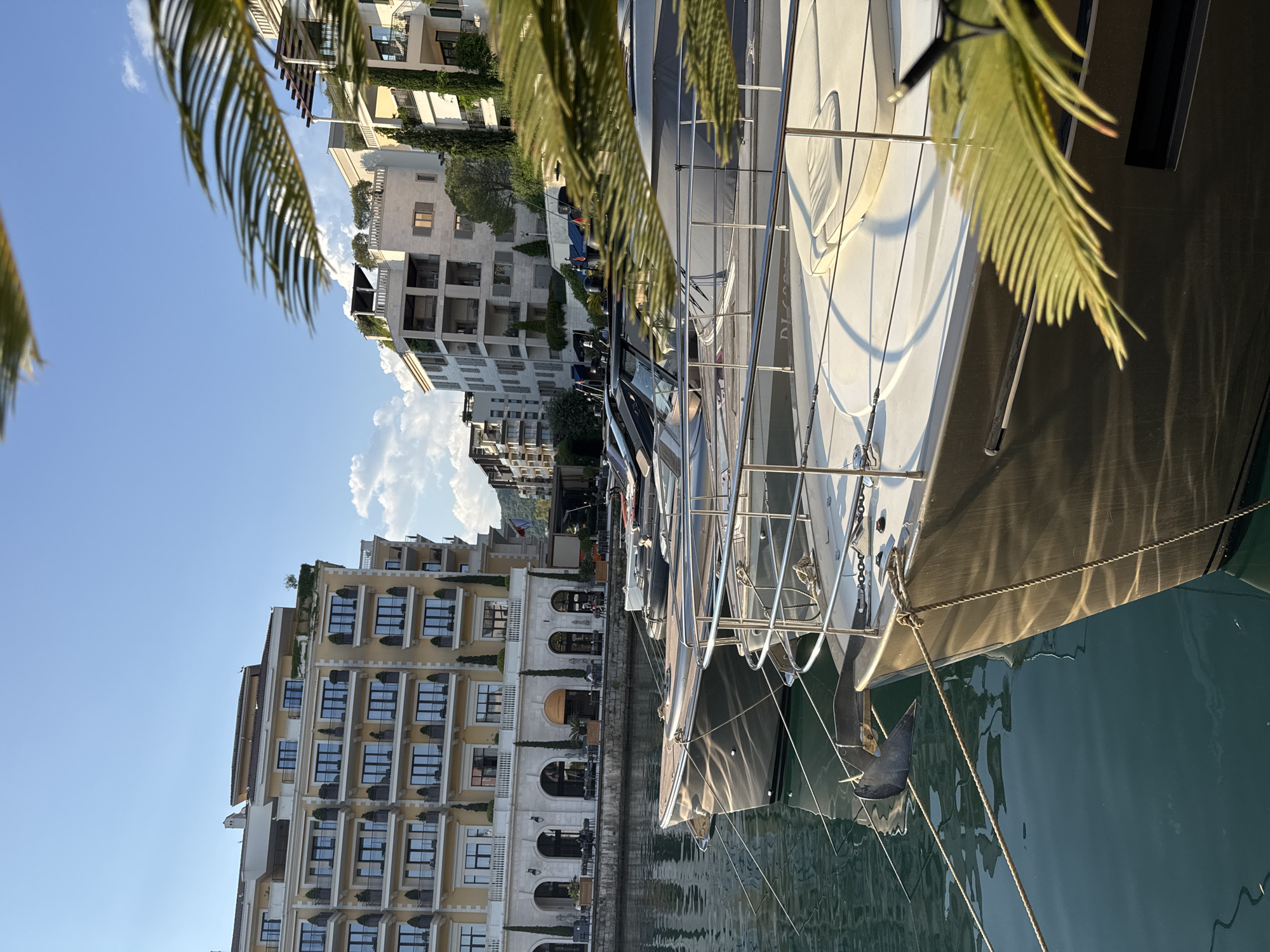 Sunny afternoon at a busy marina and waterfront promenade