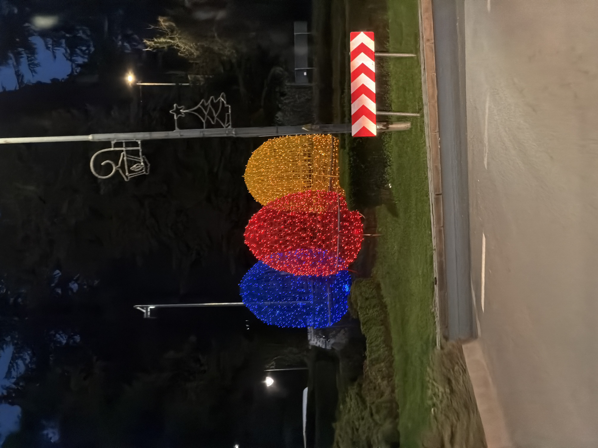 Colorful spherical light decorations spotted roadside in Dimitrovgrad, Bulgaria