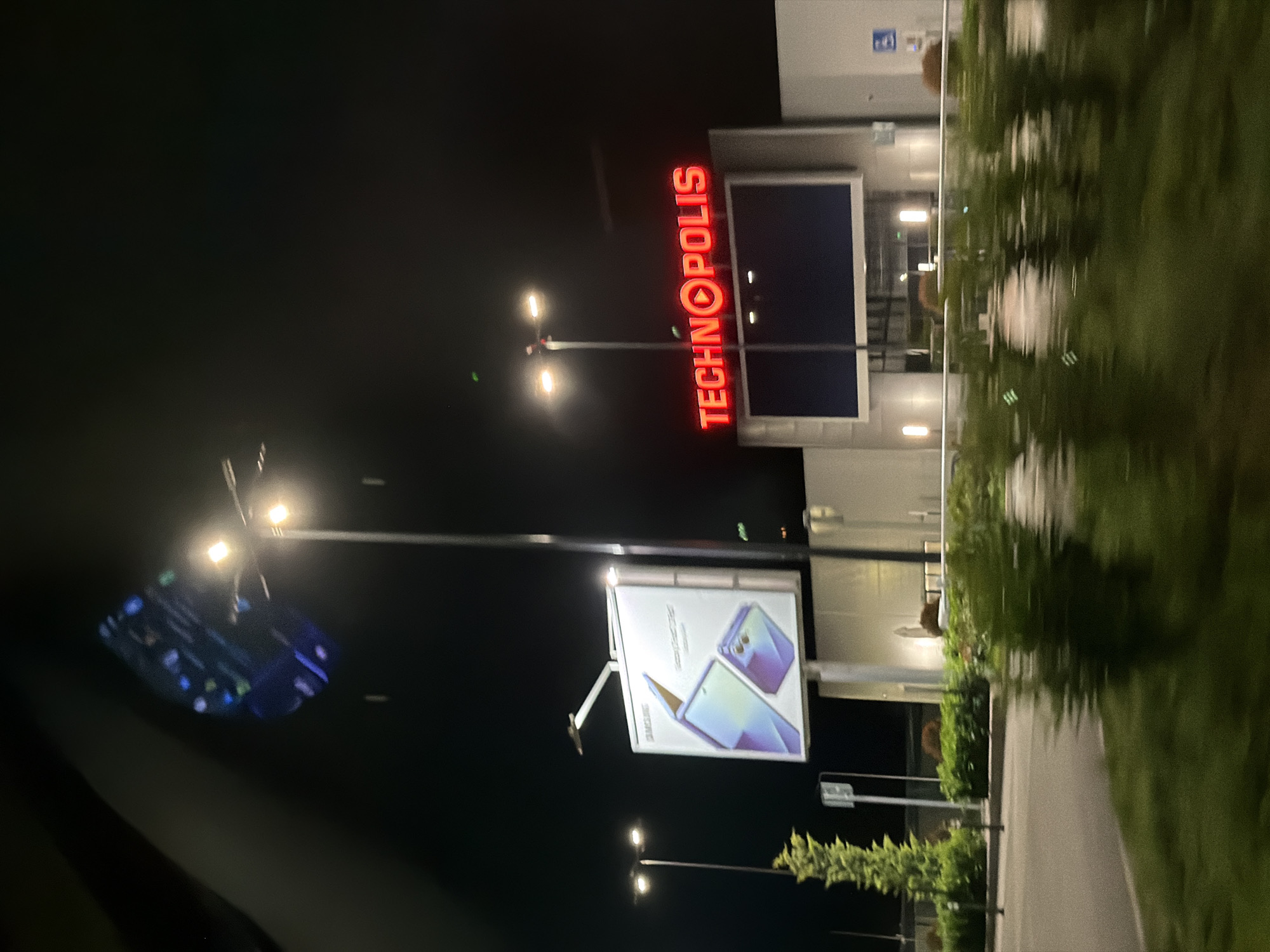Nighttime commercial building photographed in Lovech, Bulgaria