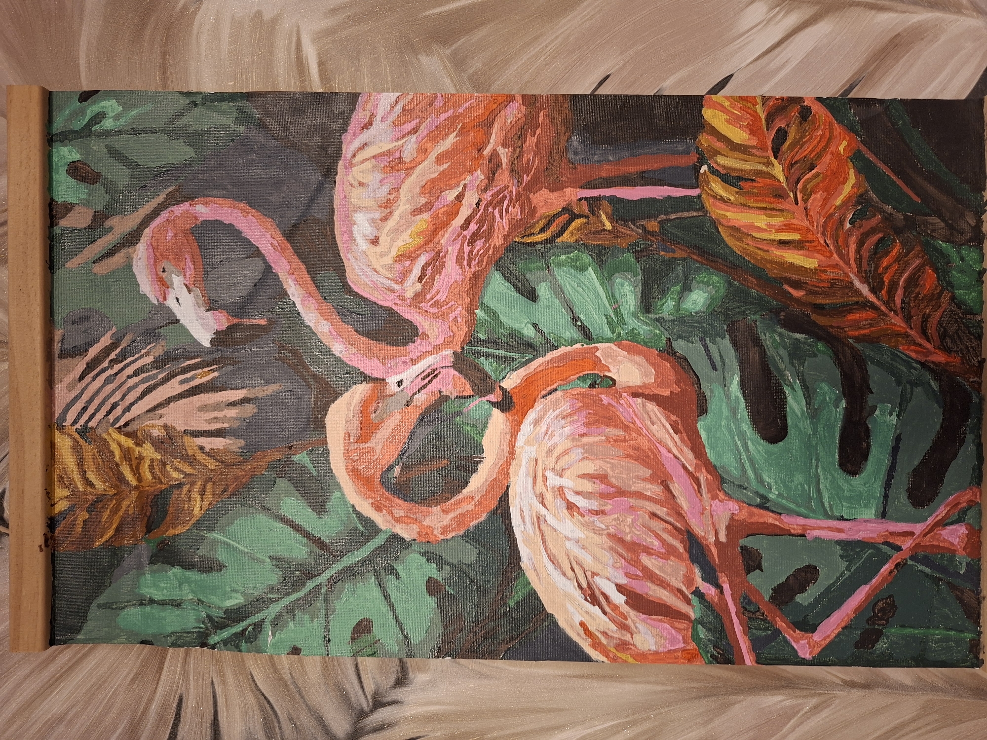 Tropical flamingo painting observed by witness