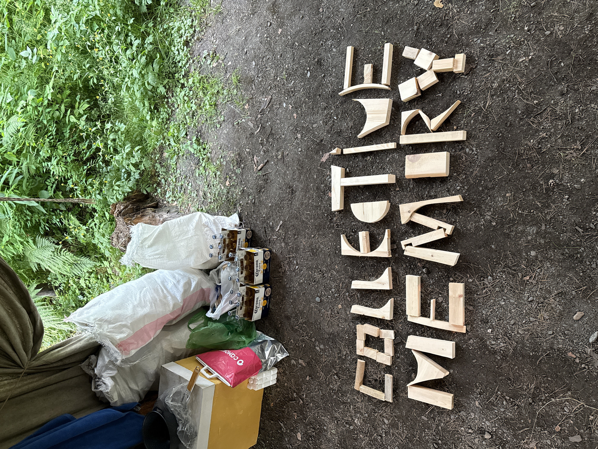 Wooden letters spell 'Collective Memory' on forest floor in Cheposh
