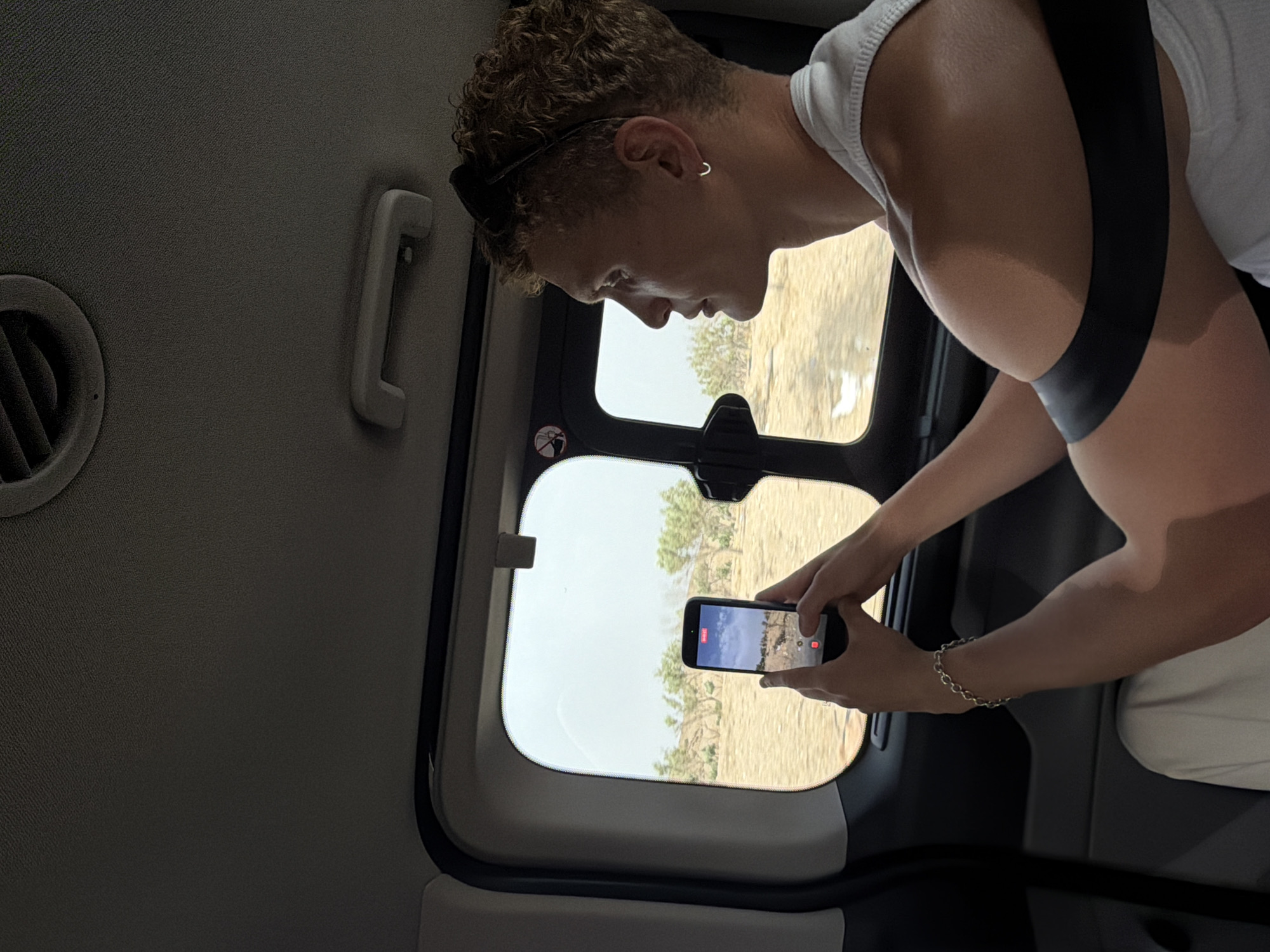 Inside a vehicle rolling through rural Morocco
