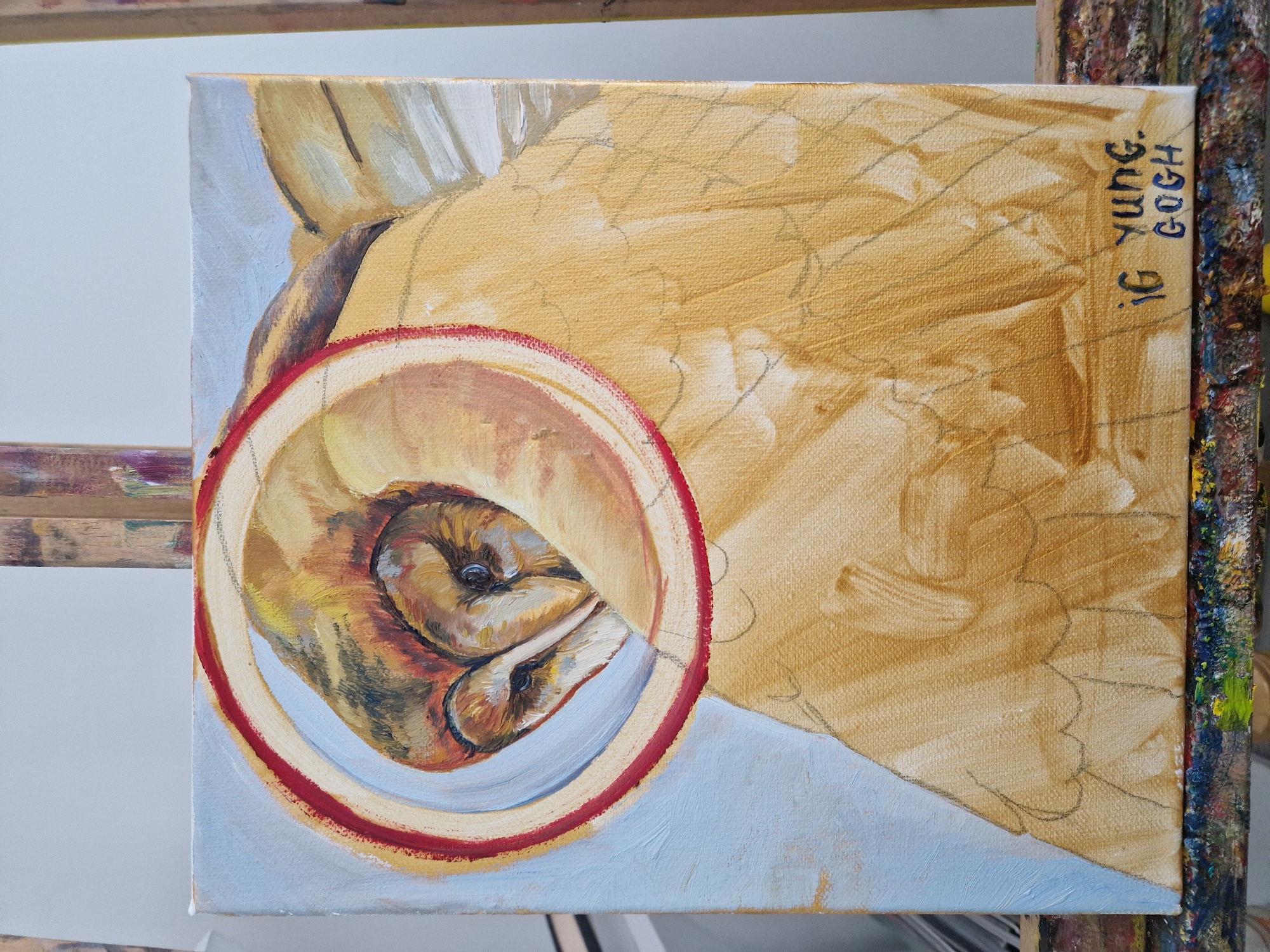 Unfinished owl oil painting spotted on easel