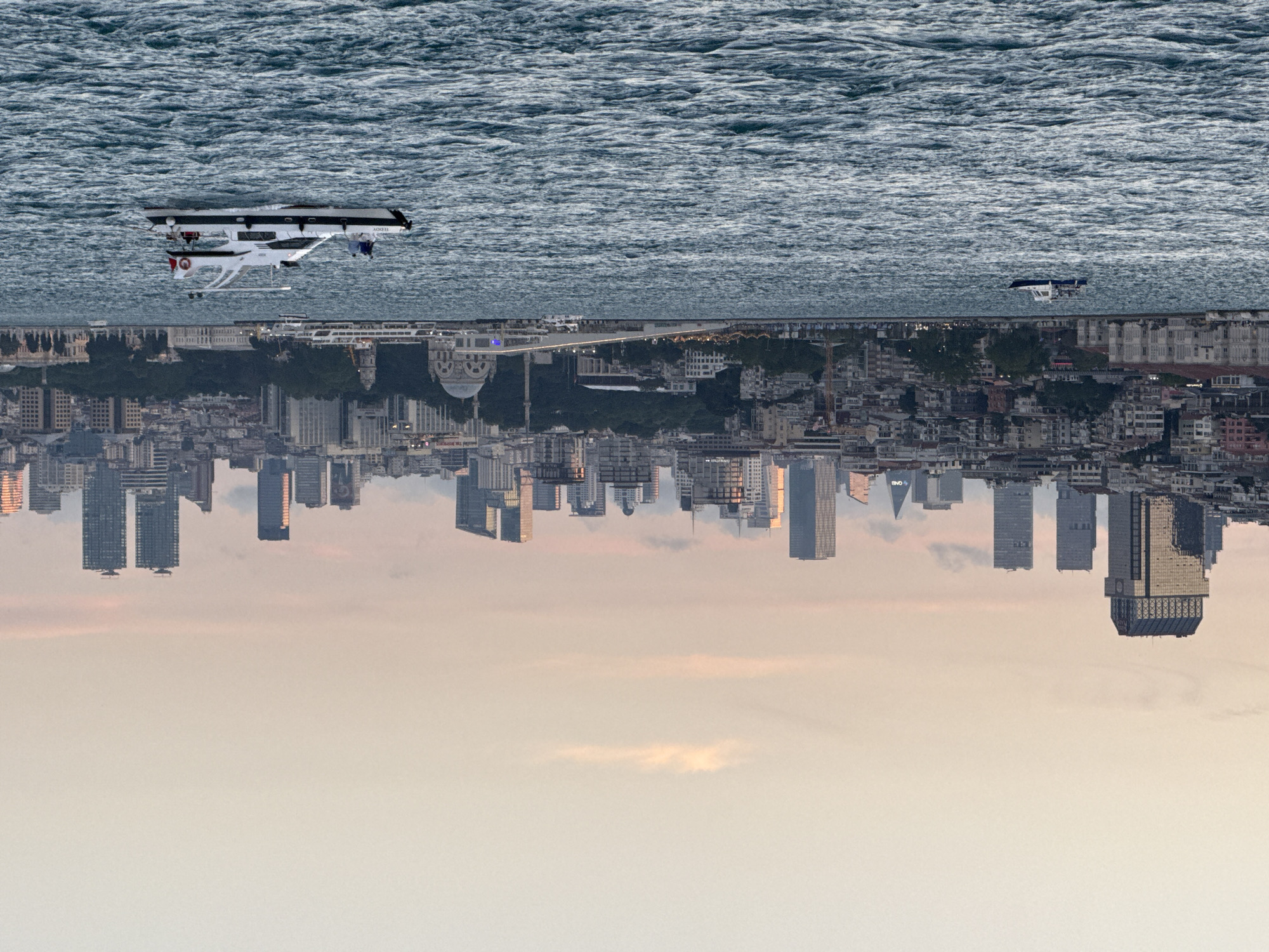 Istanbul skyline photographed across choppy Bosphorus waters