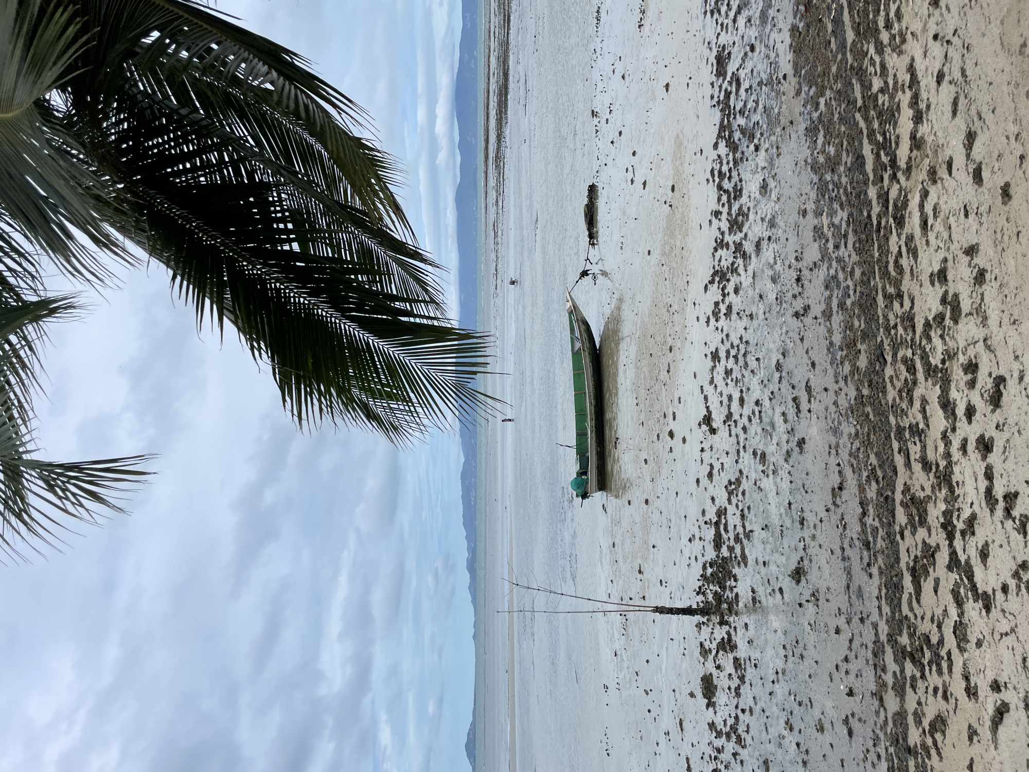 Green boat rests on low-tide beach in Thailand