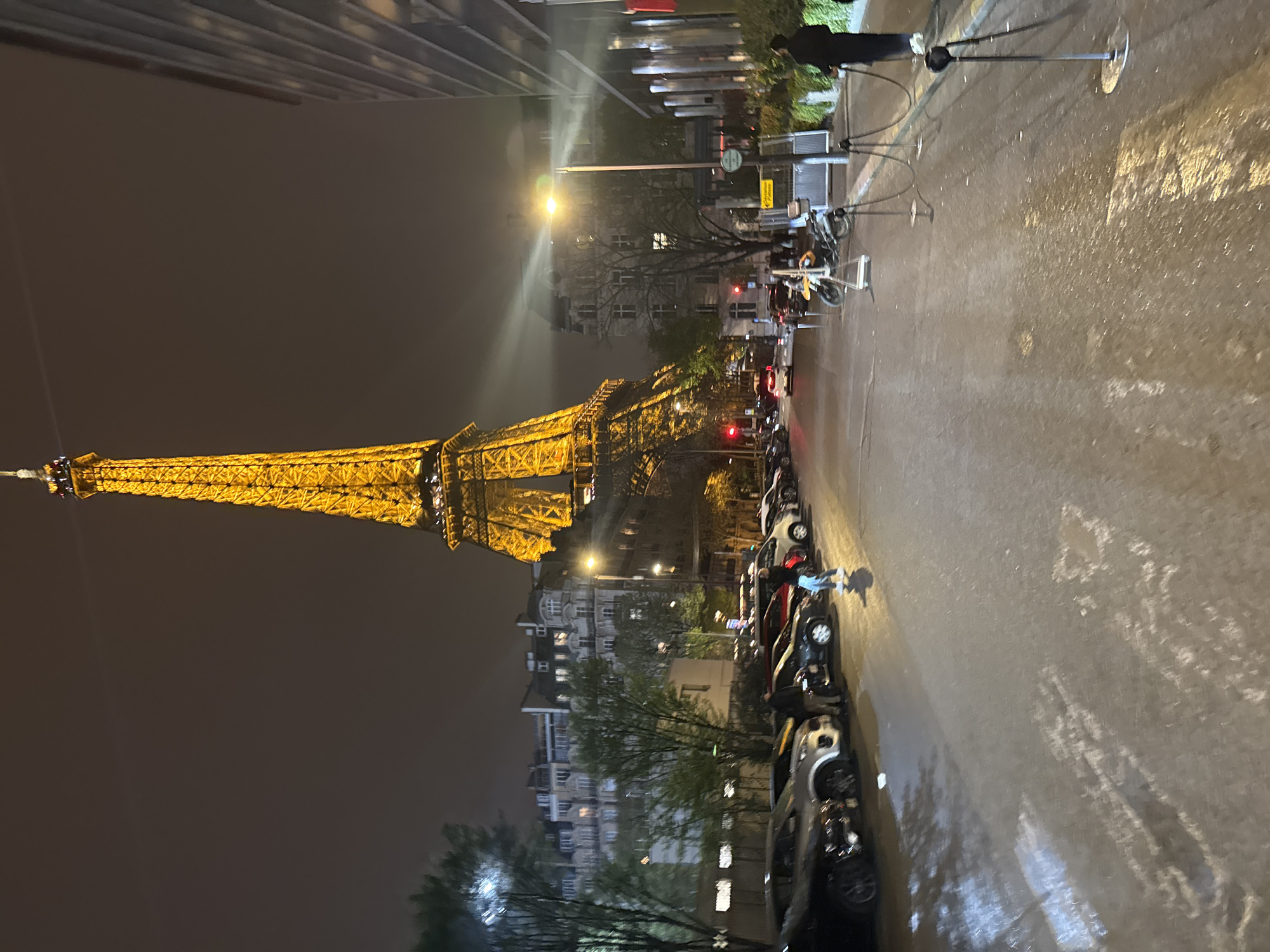 Rainy night view of illuminated Eiffel Tower in Paris