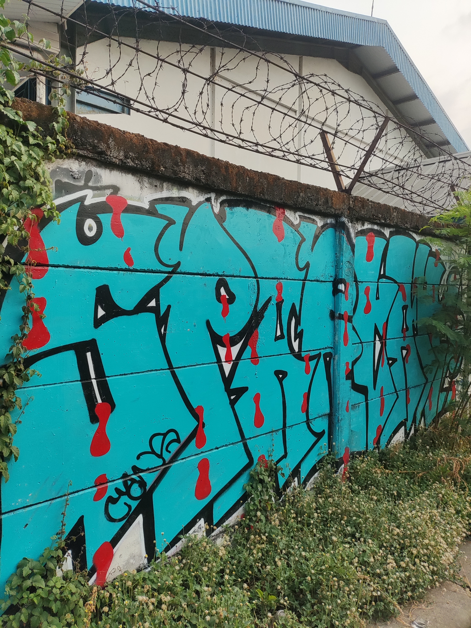 Graffiti-covered wall in East Jakarta, multiple styles and colors