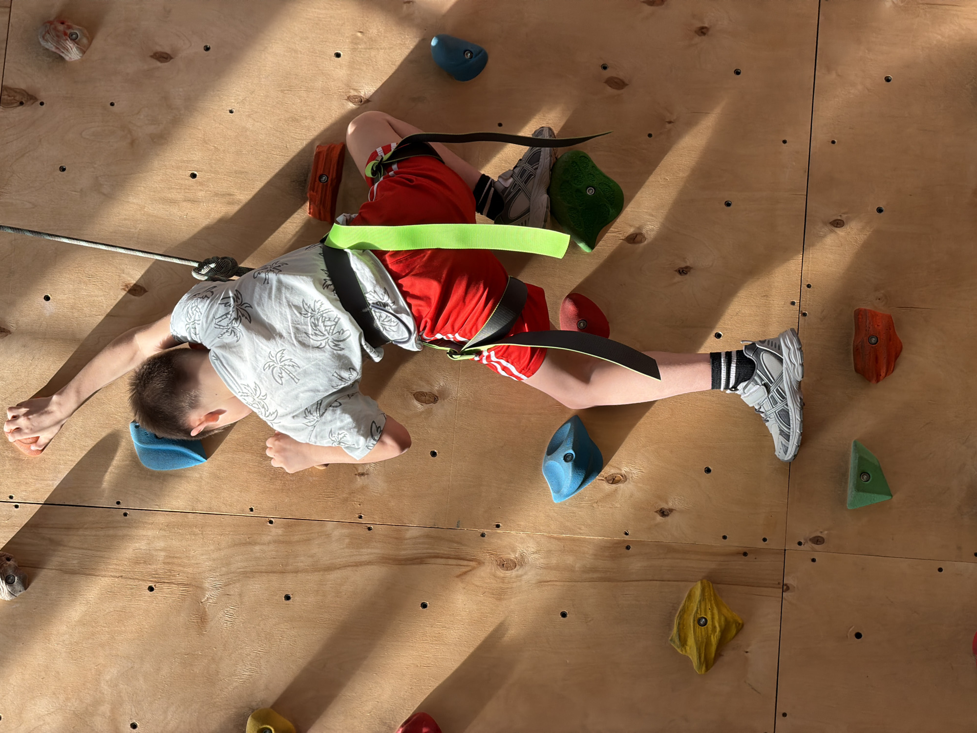 Young climber scales indoor wall in Izhevsk climbing facility