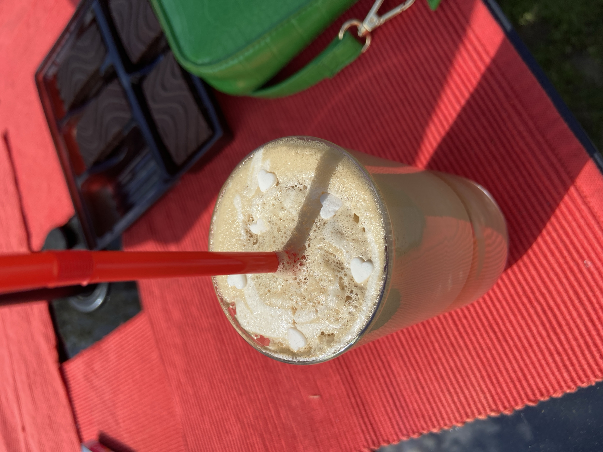 Iced coffee and sweets observed at outdoor table in Mindia