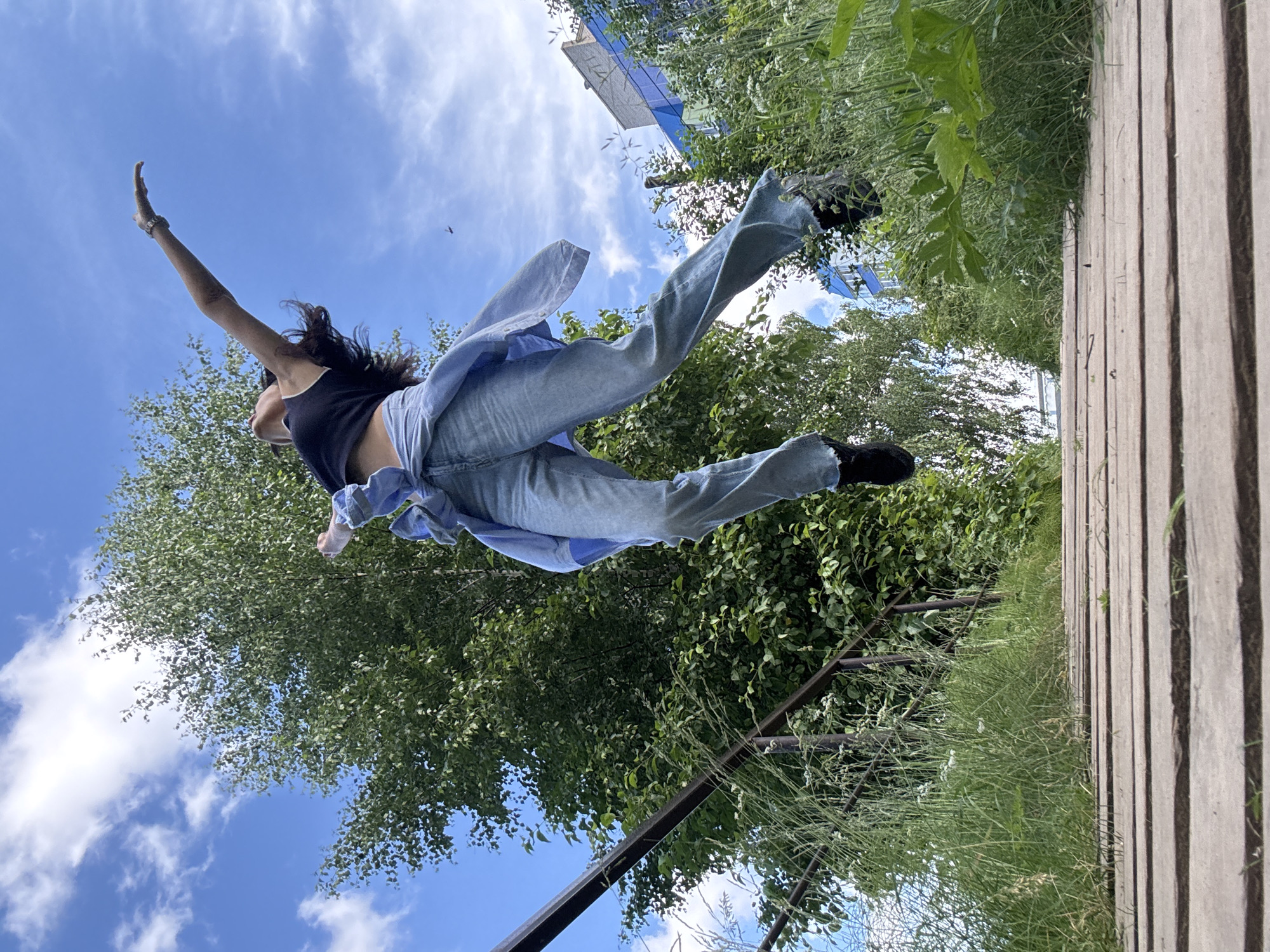 Outdoor photo session on a Chaikovsky boardwalk, sunny morning