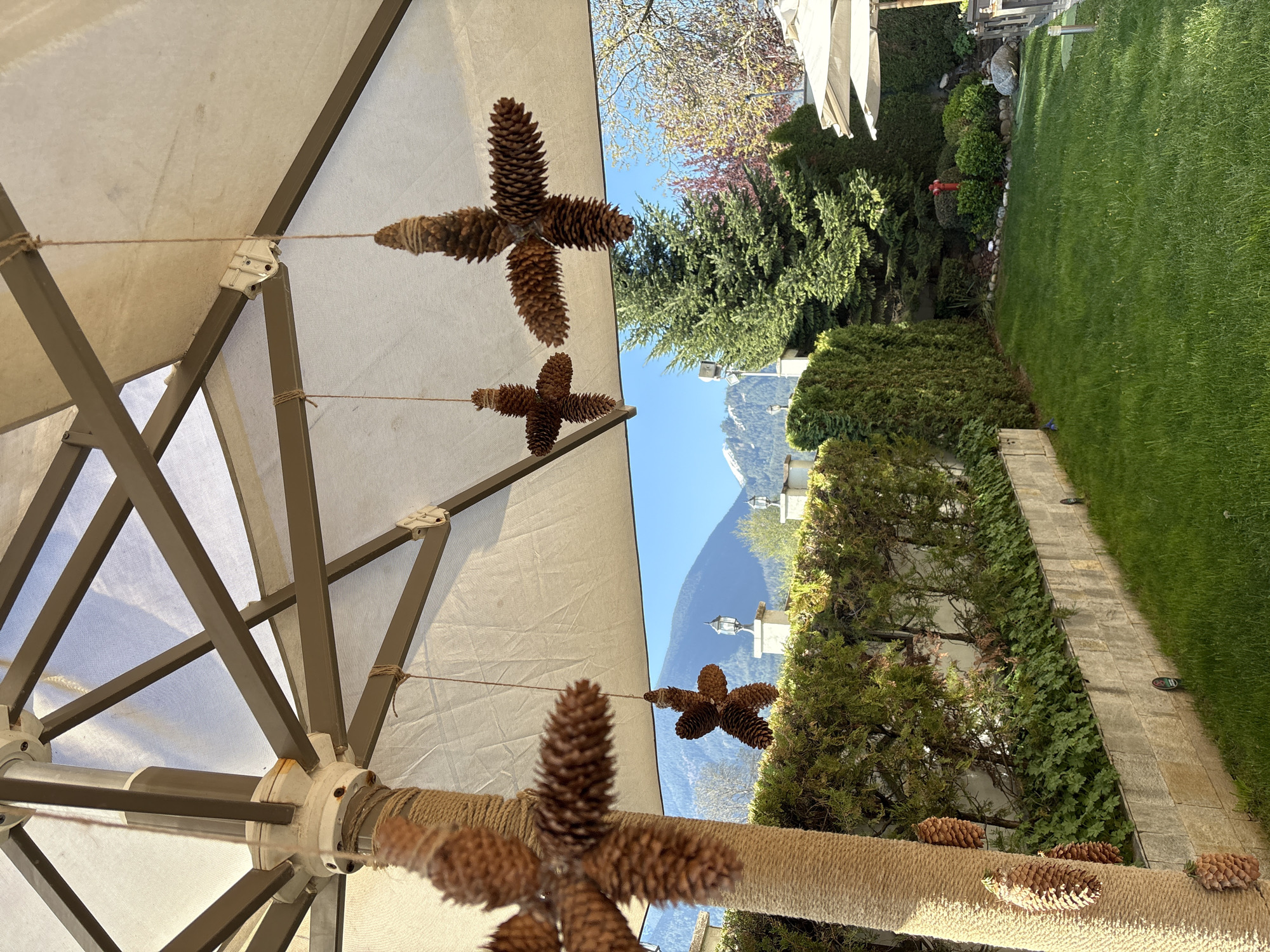 Morning scene captured under umbrella canopy in Bansko, Bulgaria