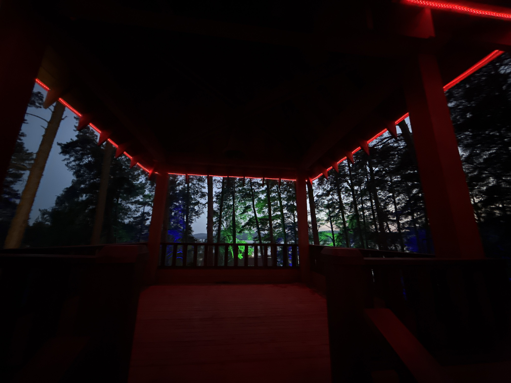 Evening lakeside visit documented at illuminated Turgoyak resort area