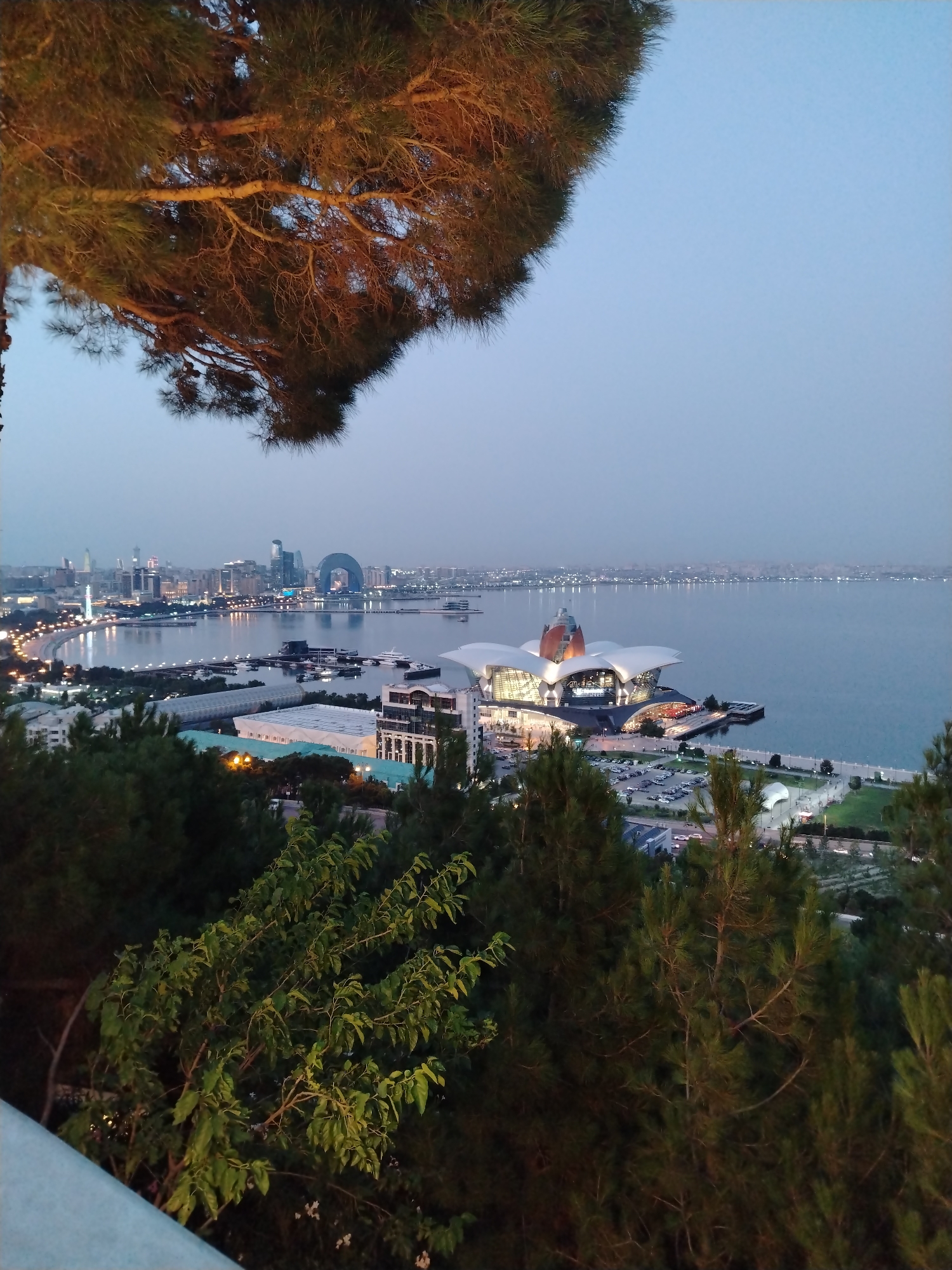 Baku Boulevard at dusk, Caspian coastline in view