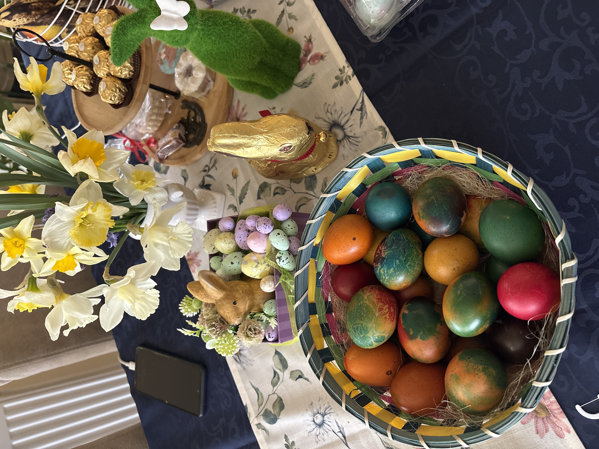Easter display with colored eggs and flowers arranged in Bulgaria