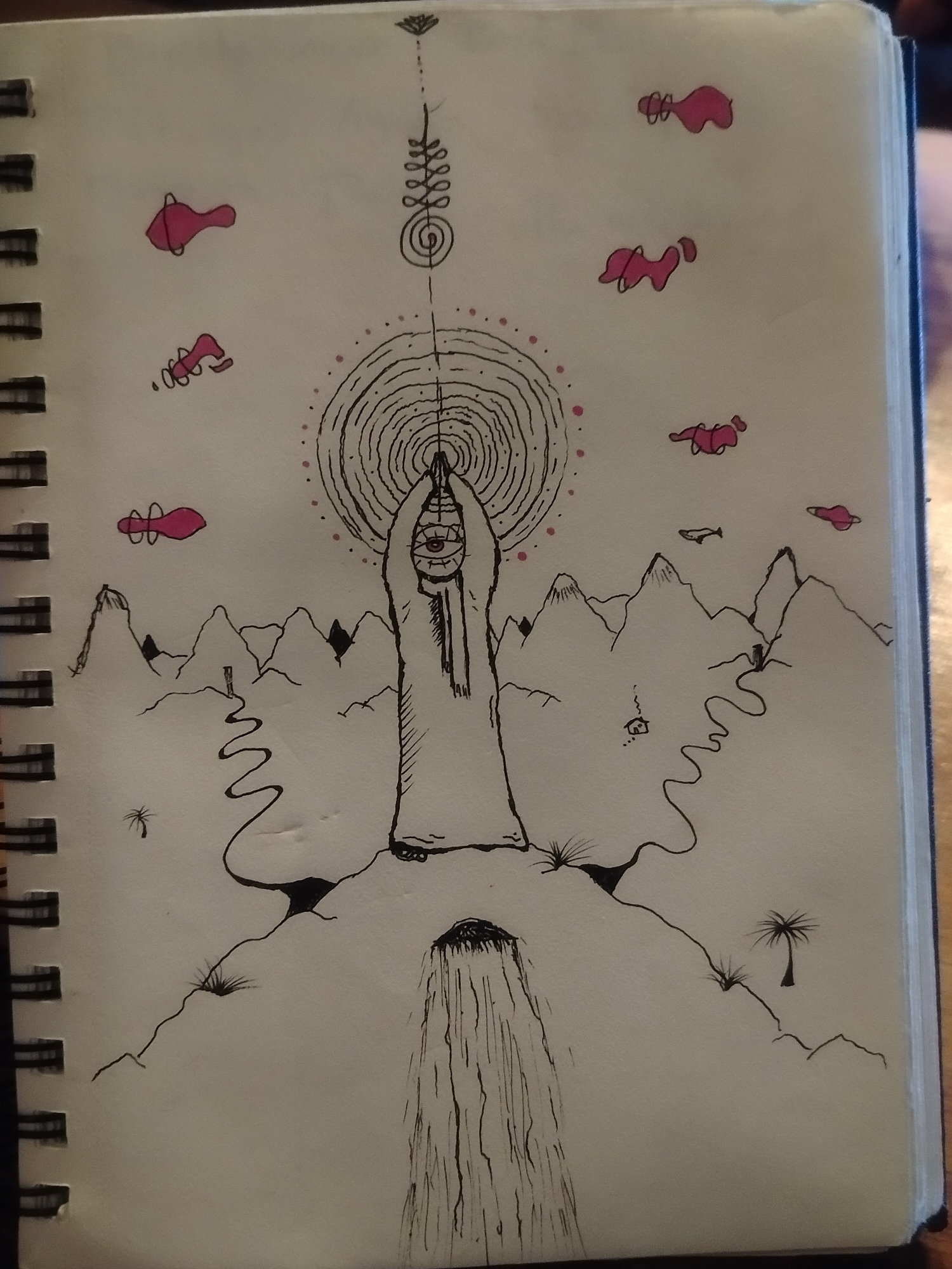 Landscape sketch featuring mountains and palms documented in Playa del Carmen