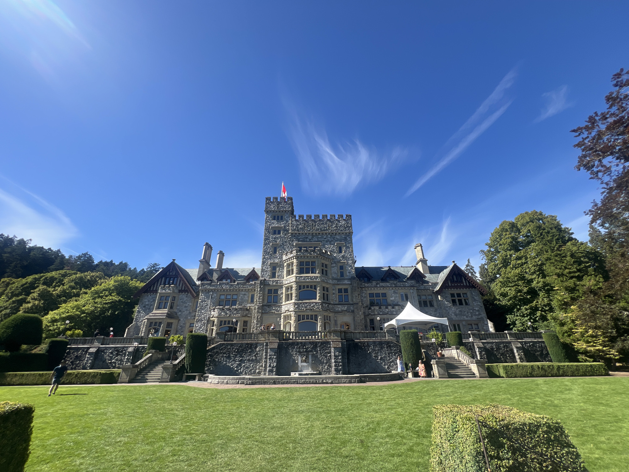 Sun-drenched grounds and stone castle near Victoria, BC