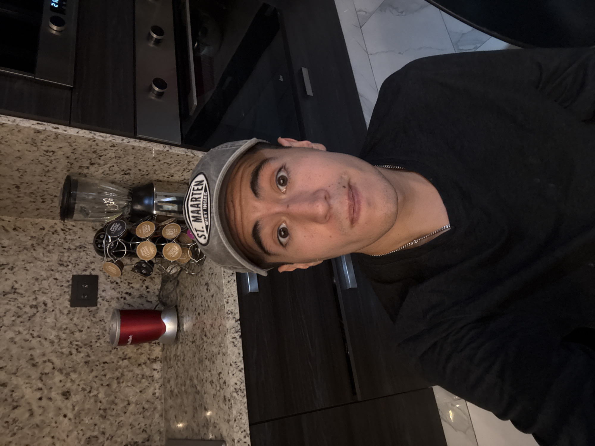 Person makes smoothie, plays with dog in Mexican kitchen