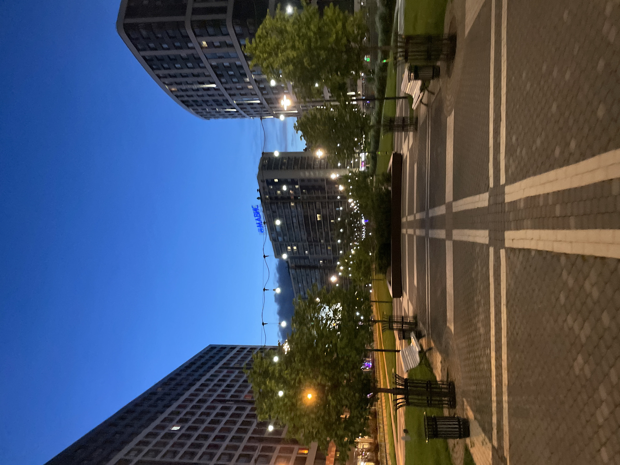 Twilight stroll through Russian urban park with tree-lined walkways