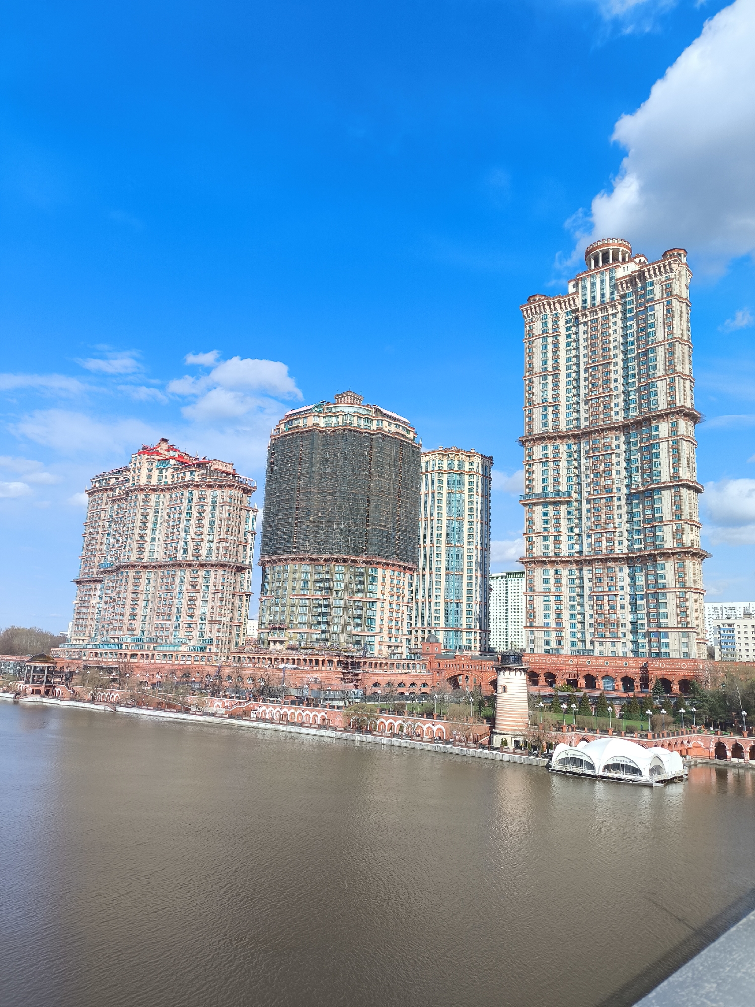 Ornate waterfront buildings documented in Khimki, Russia