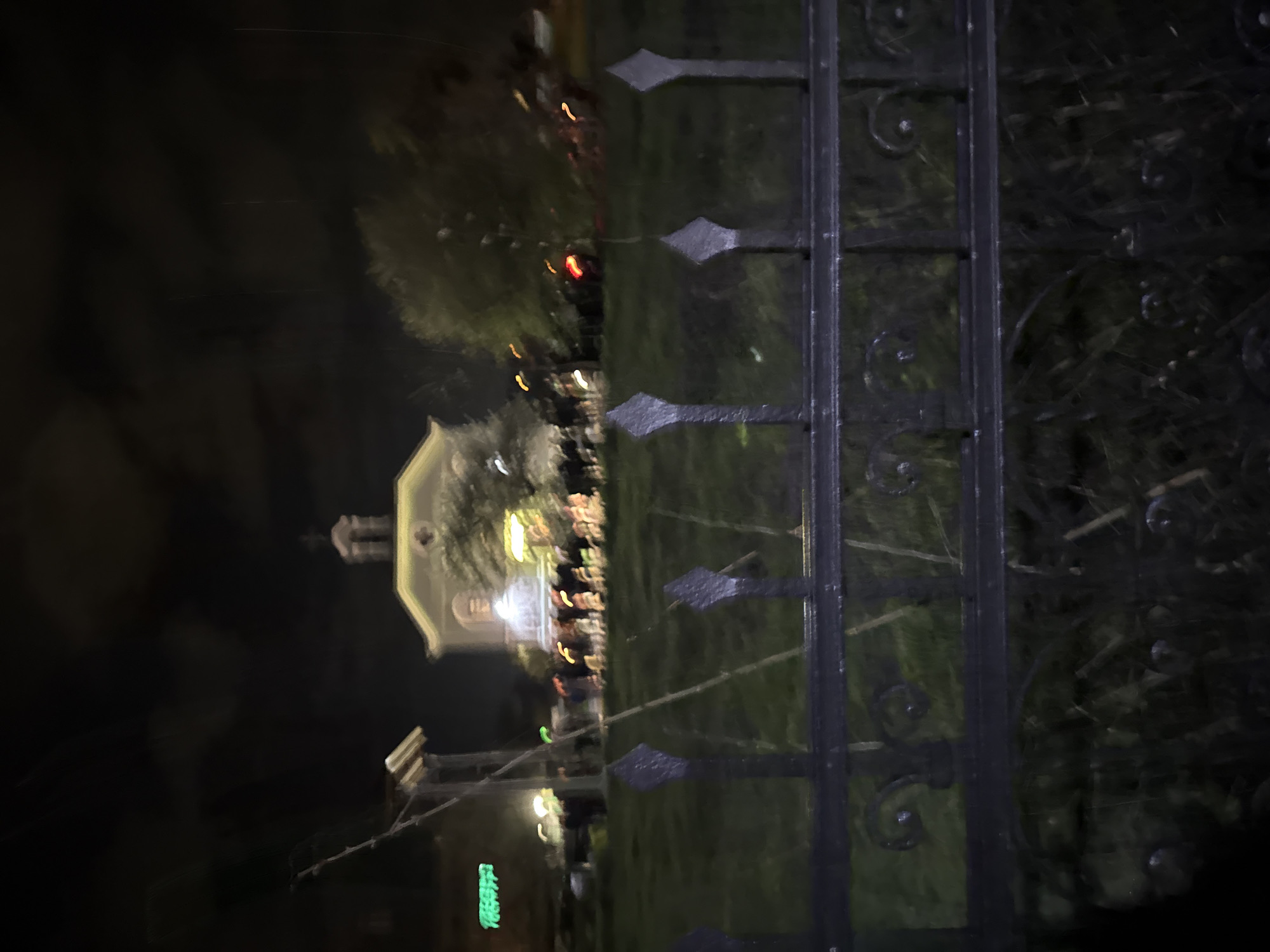 Person photographs domed building through fence in Sofia at night