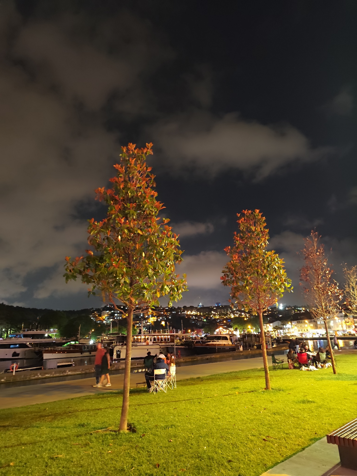 Nighttime waterfront scenes documented in Sarıyer, Turkey harbor area