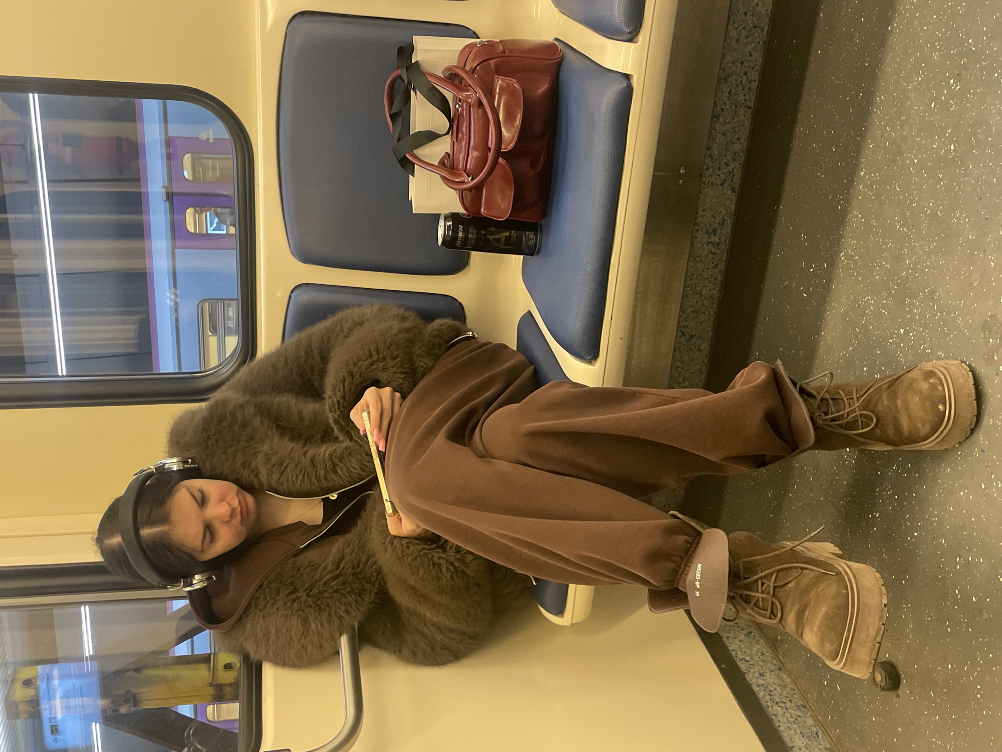 Woman in brown coat rides Moscow train