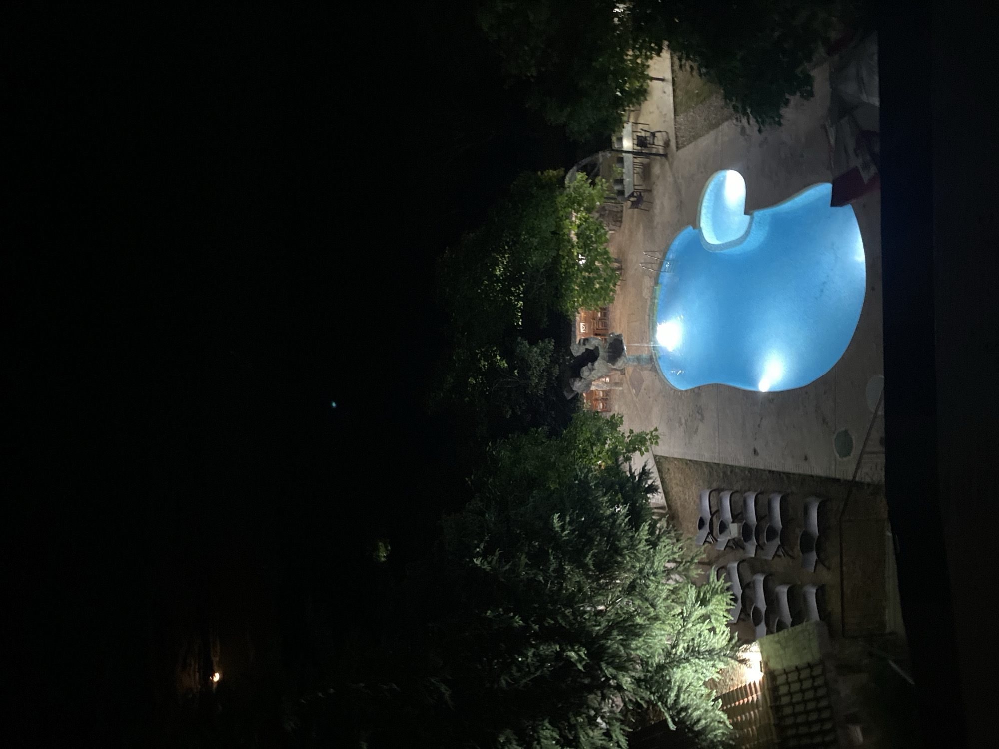 Glowing kidney-shaped pool lit up at night in Sredets