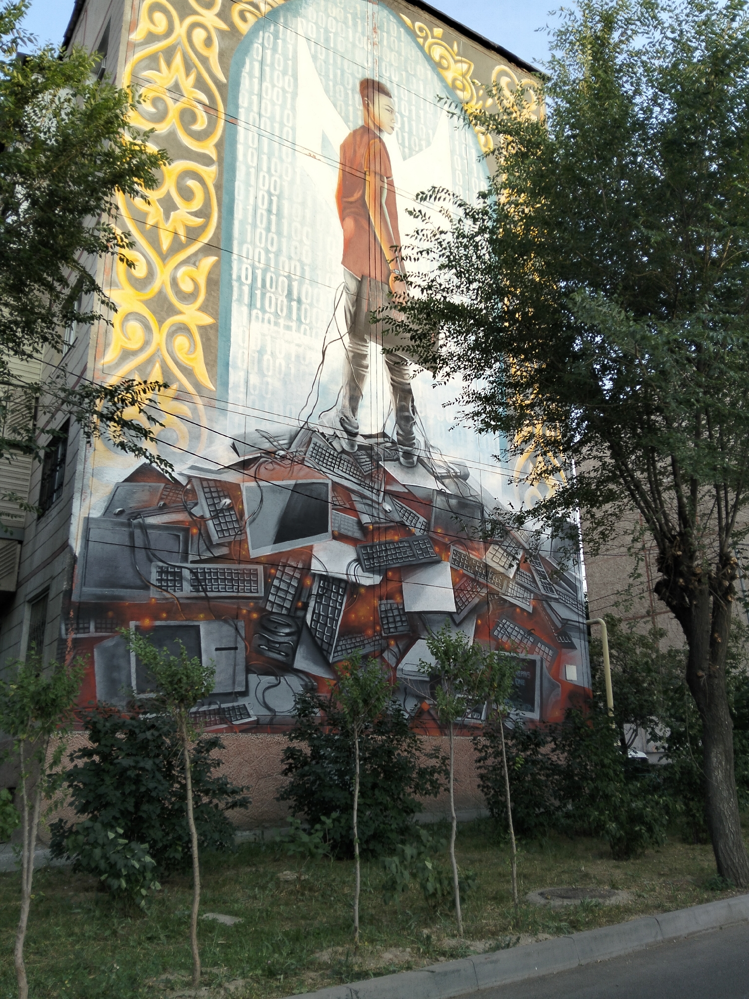Almaty neighborhood murals, street vendors, and urban construction