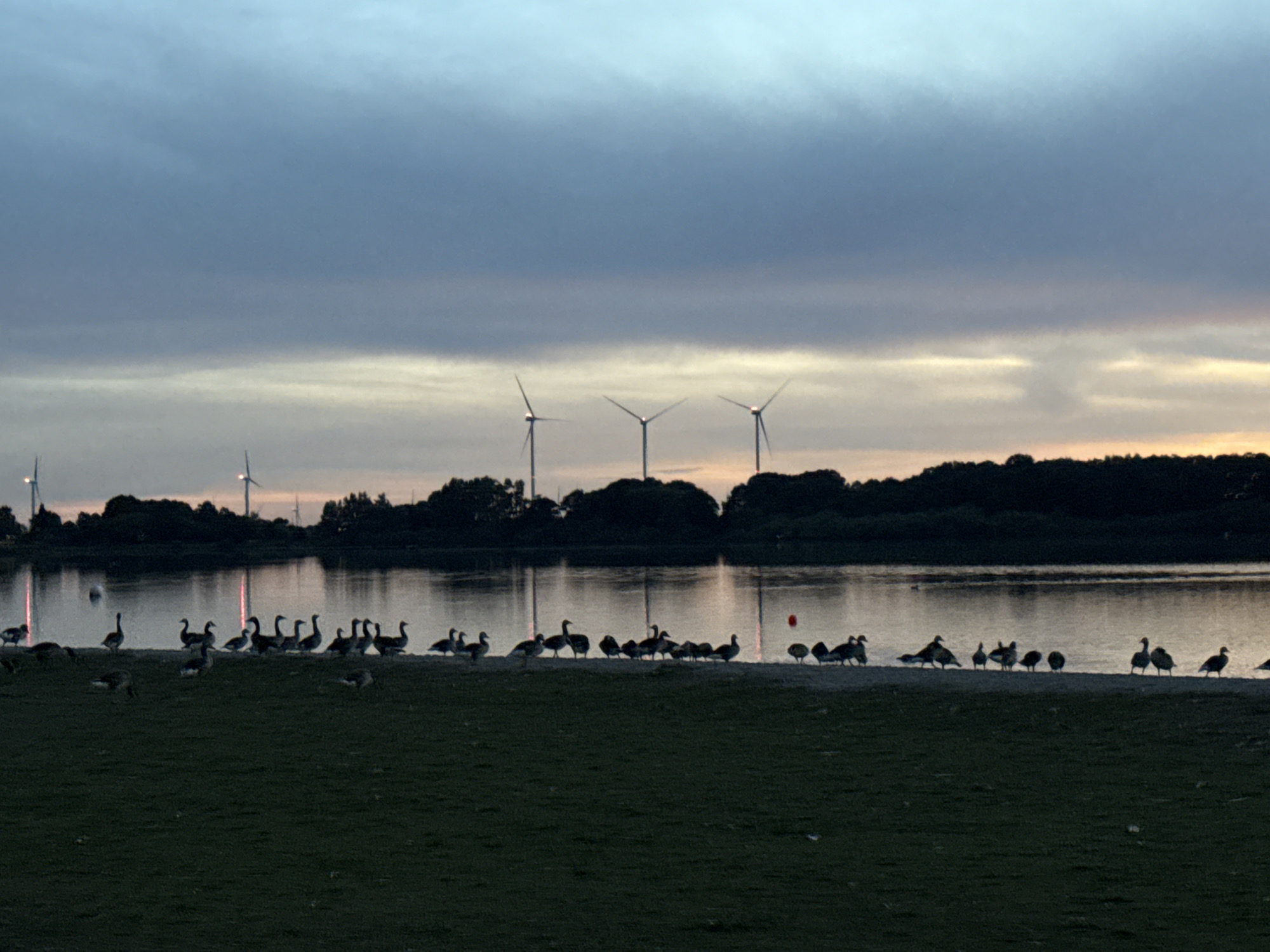 Dusk settles over Neumünster's lakeside landscape
