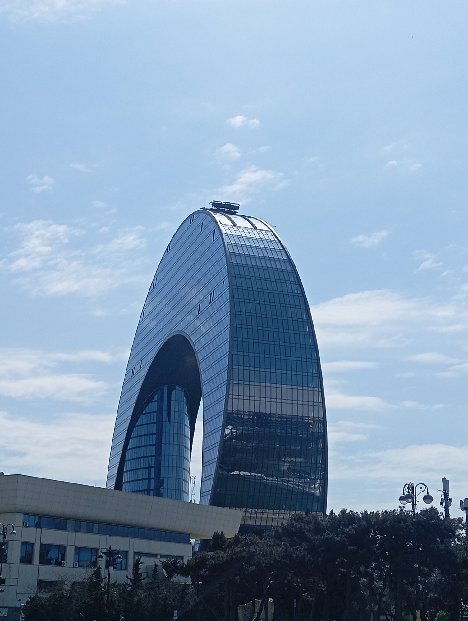 Modern skyscrapers documented under sunny skies in Baku