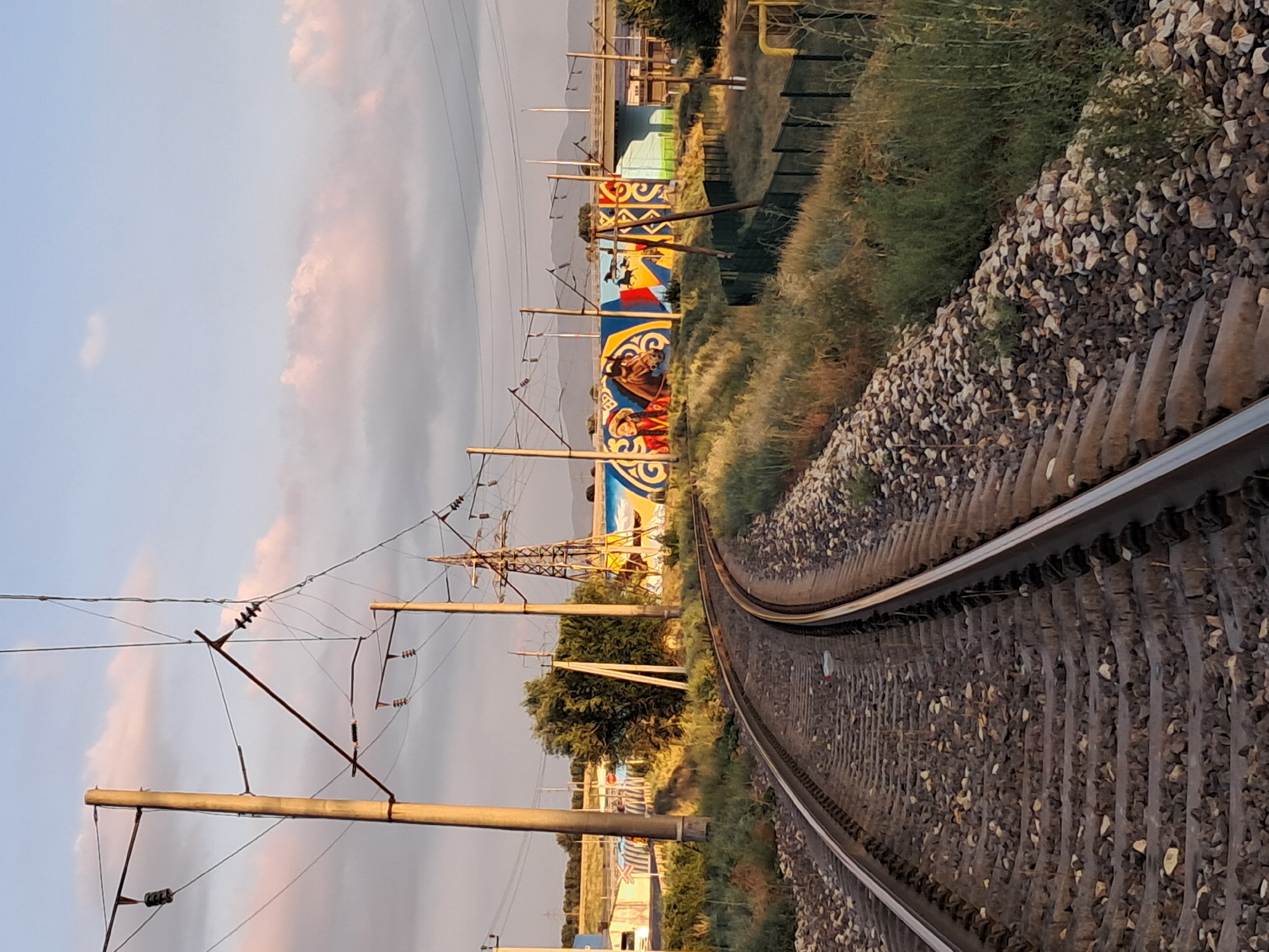 Freight trains, roadside sheep, and shop shelves in Shymkent at dusk