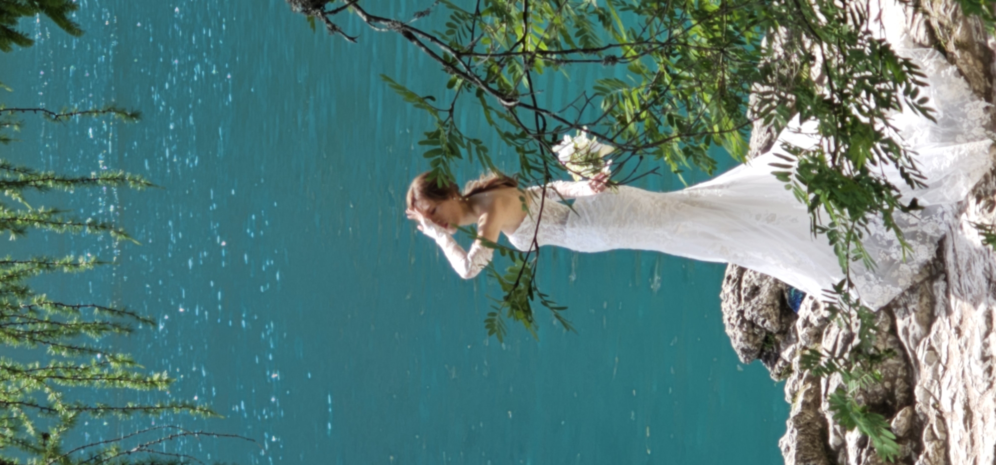 Wedding shoot at the edge of Lake Braies, Dolomites