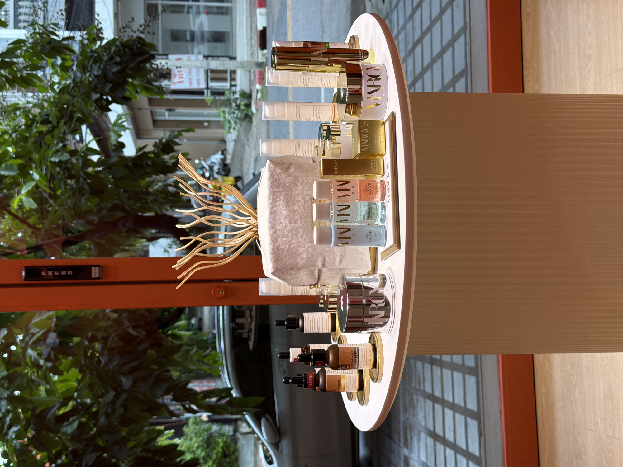 Skincare products on display inside a Chiang Mai retail space