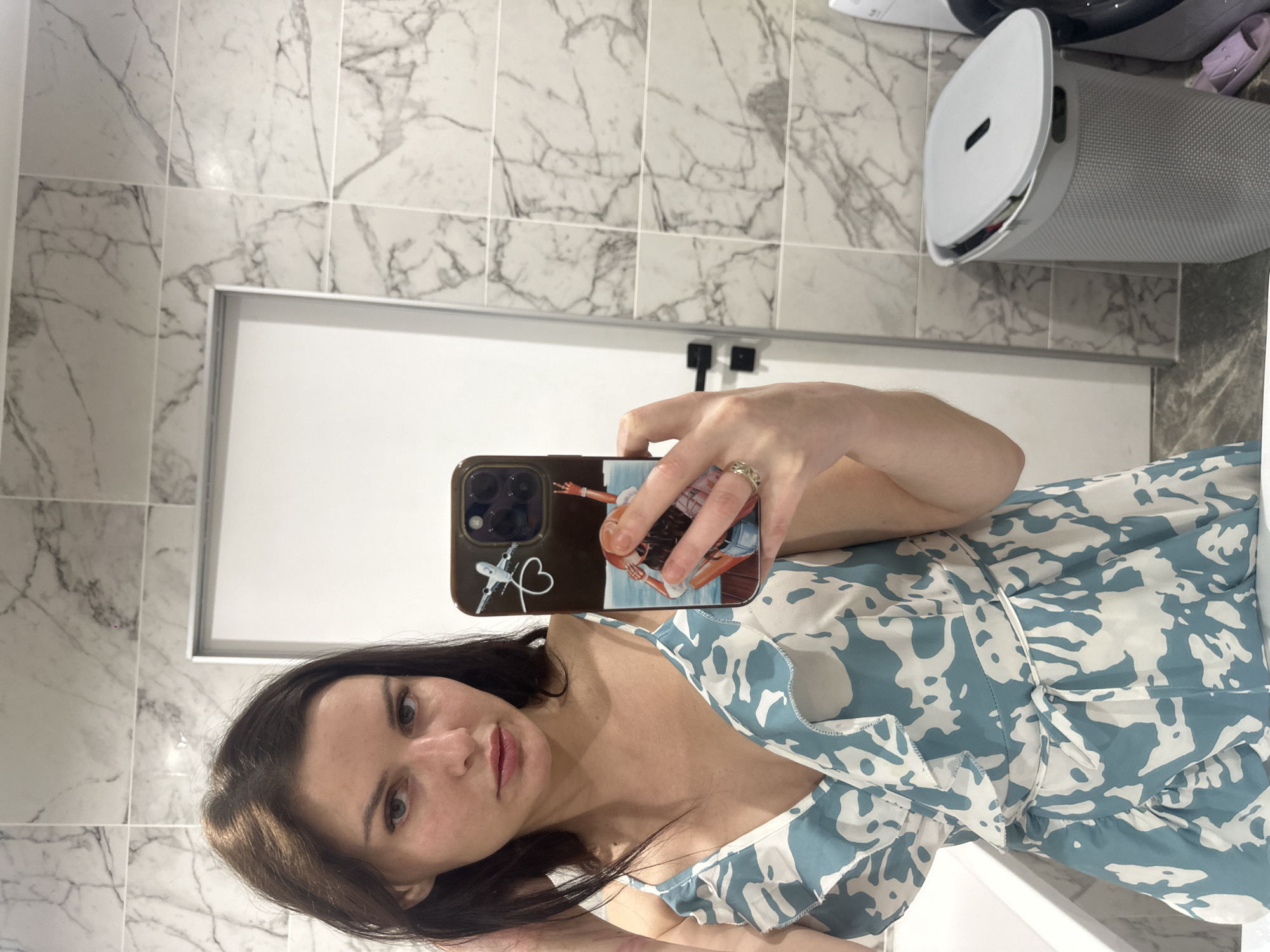 Casual morning in a blue floral dress, indoors and out