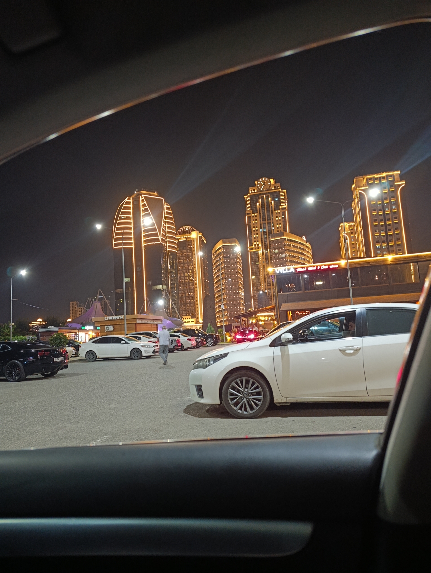 Grozny's modern skyline lit up at night