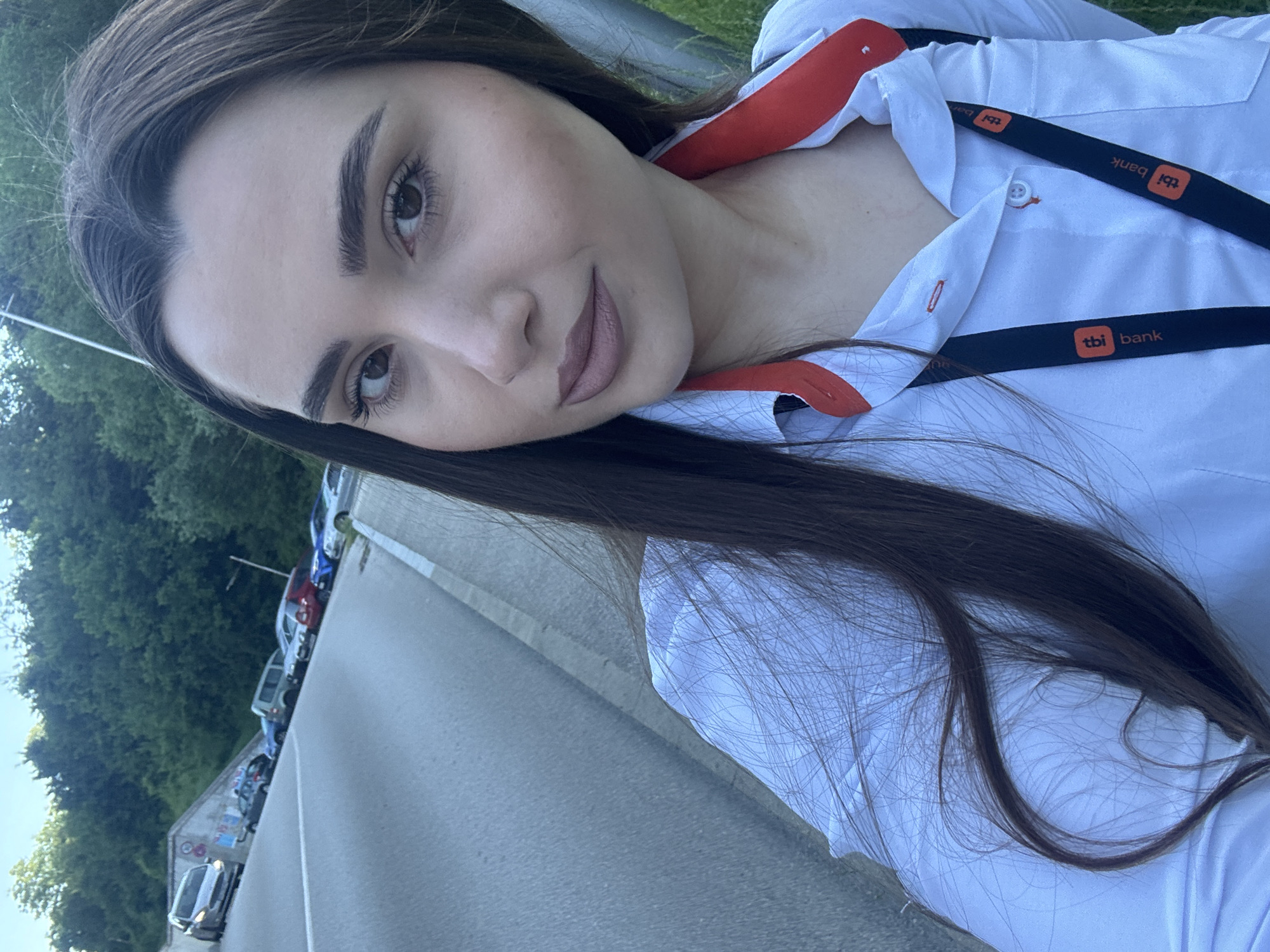 Bank employee takes selfies in Gabrovo, Bulgaria