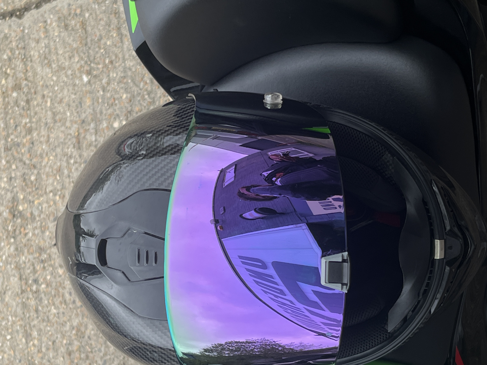 Motorcycle helmet with tinted visor photographed in Tunbridge Wells