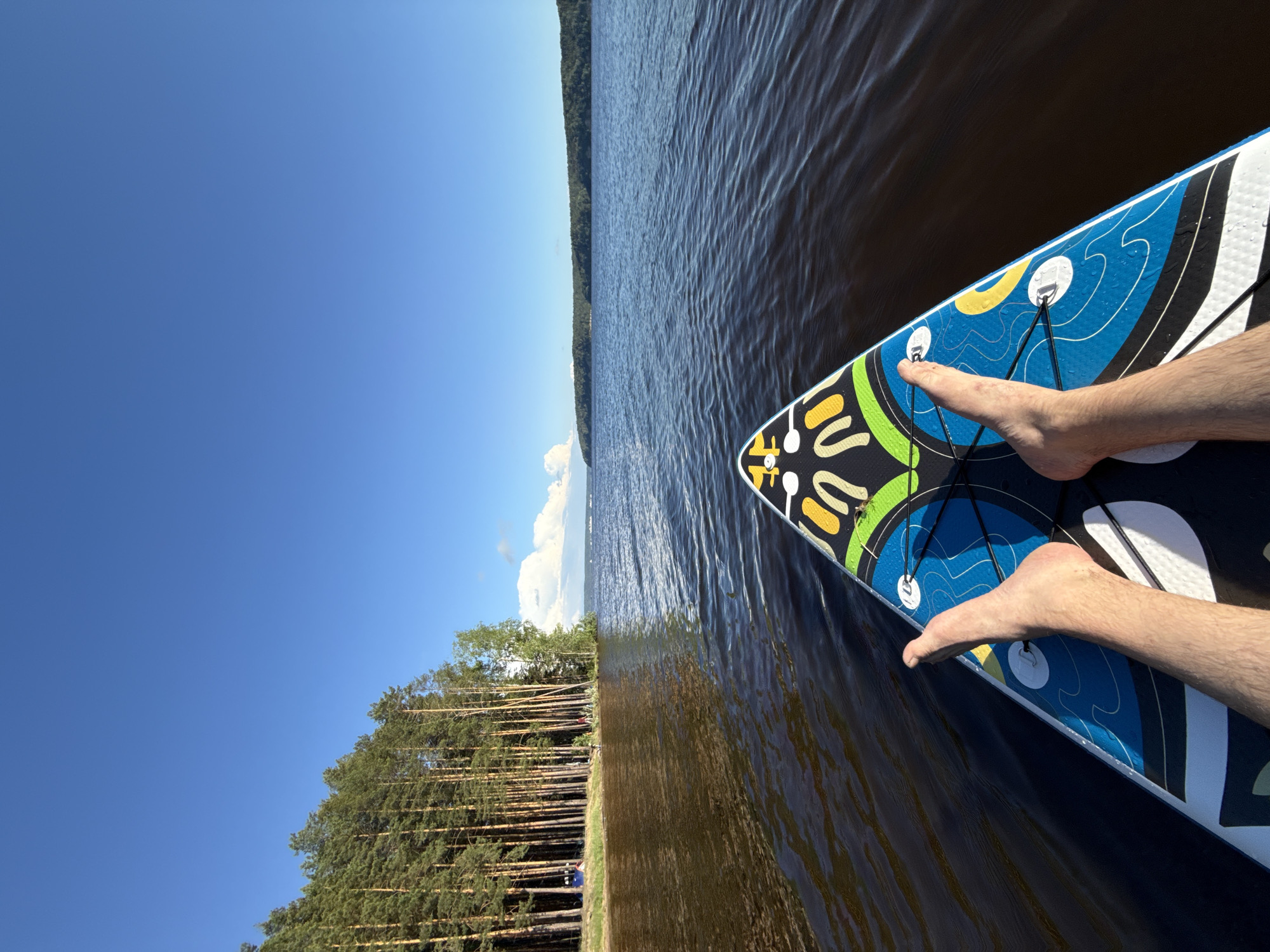 Afternoon paddleboarding session in Russian lakeside settlement