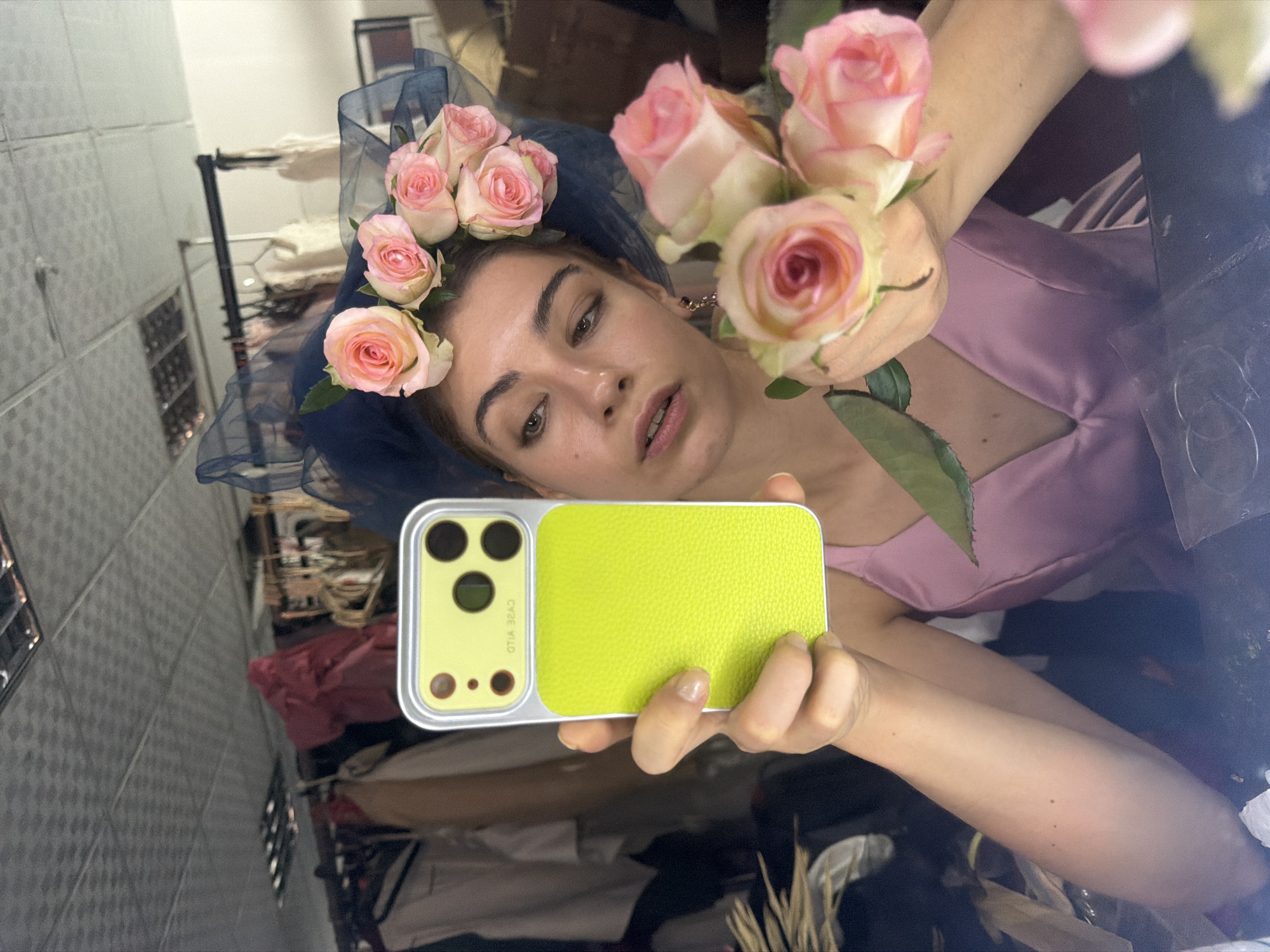 Mirror selfies in a Chancheng boutique, pink dress and florals