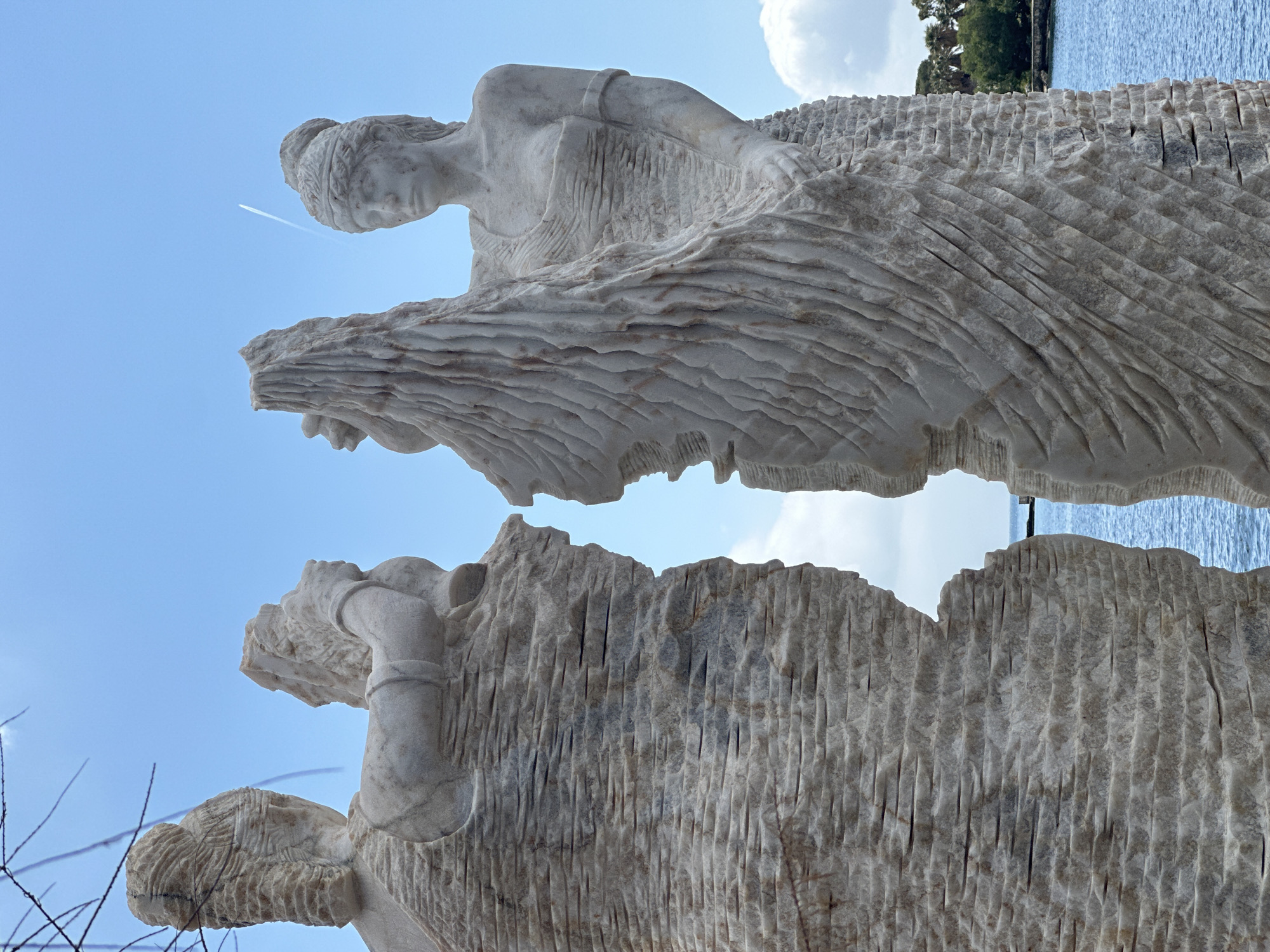 Marble sculpture of three women photographed in Datça, Turkey