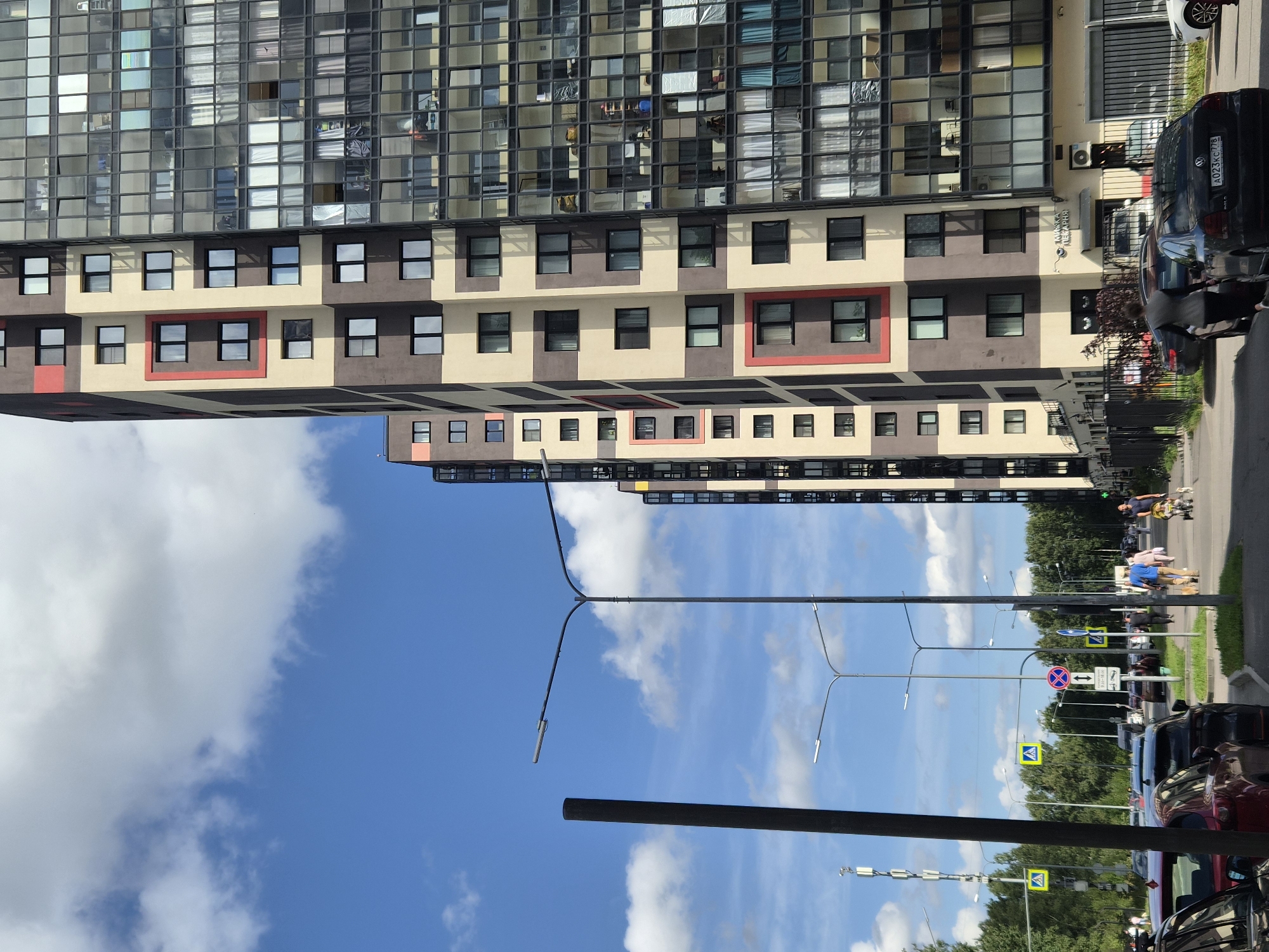 Modern apartment buildings and dog walks in Kudrovo, Russia