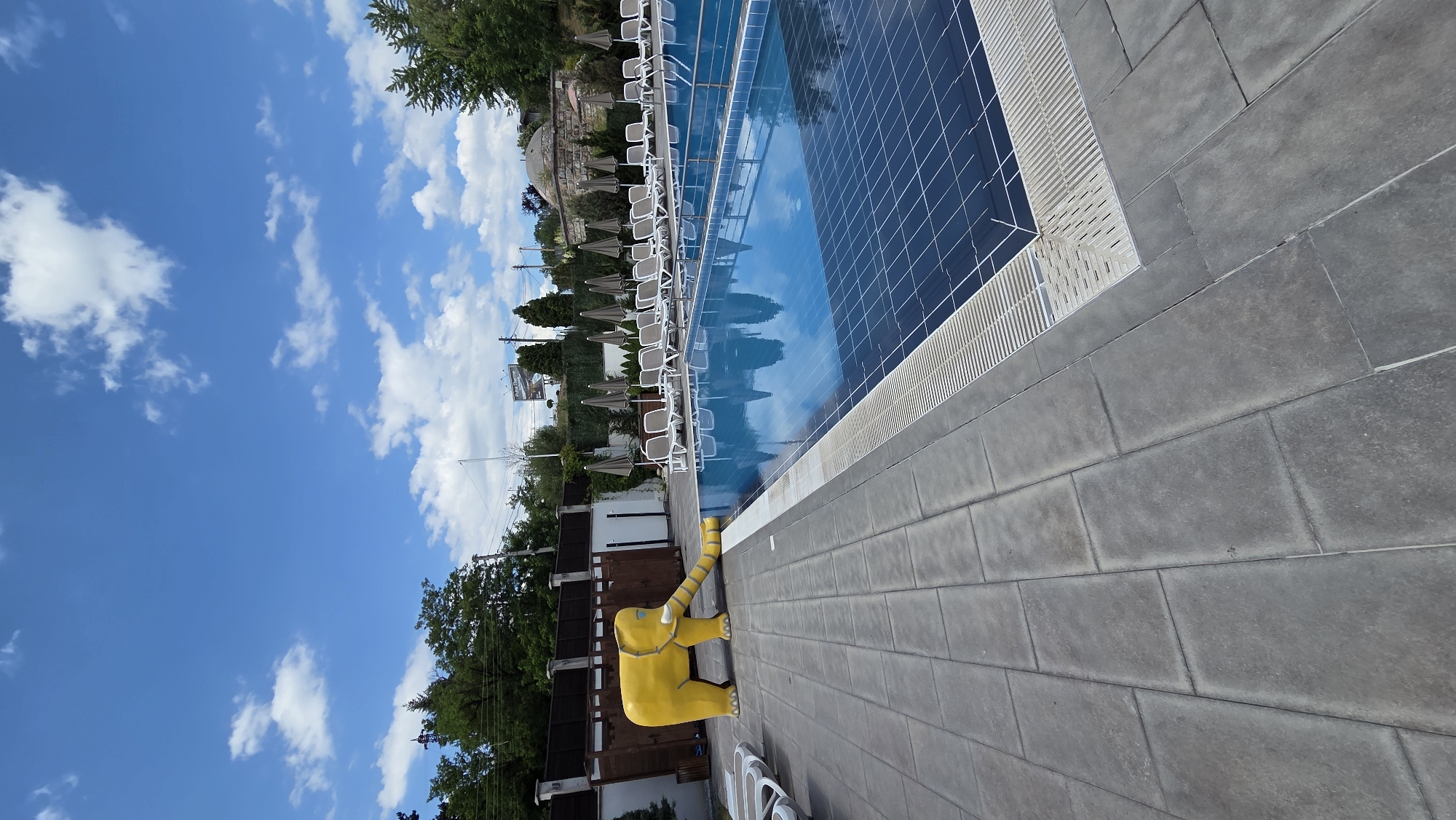 Resort amenities on a quiet morning — pools, bars, and robots