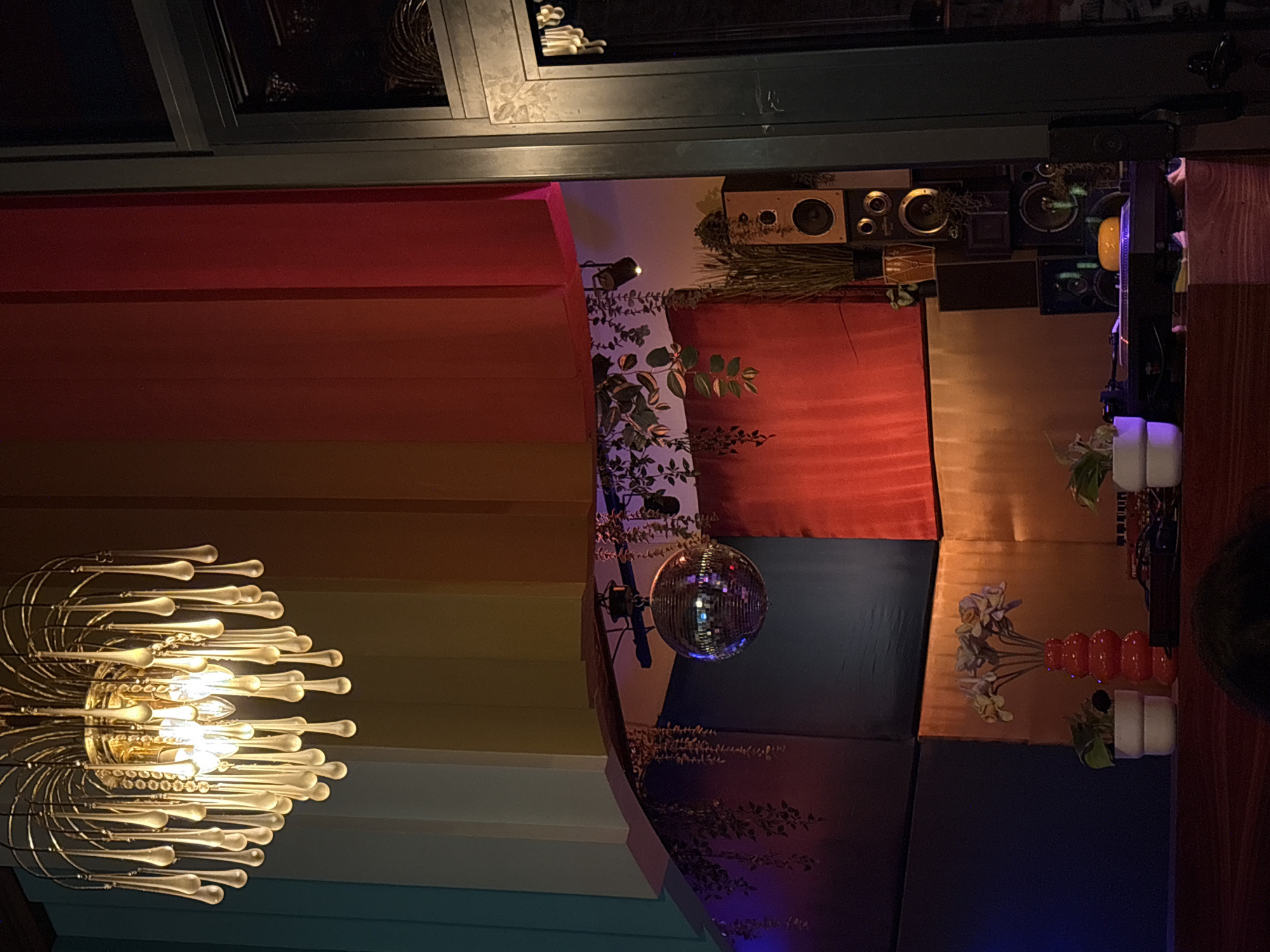 Colorful decorated room with disco ball documented in Belgrade