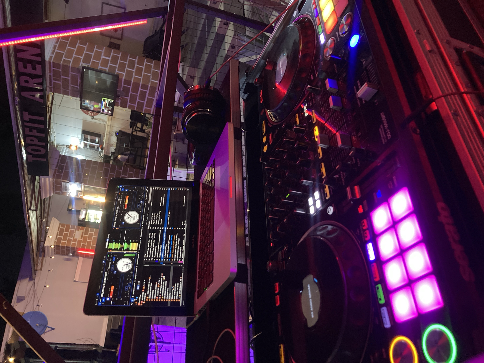 Serato DJ setup running at an evening event in Gwarinpa