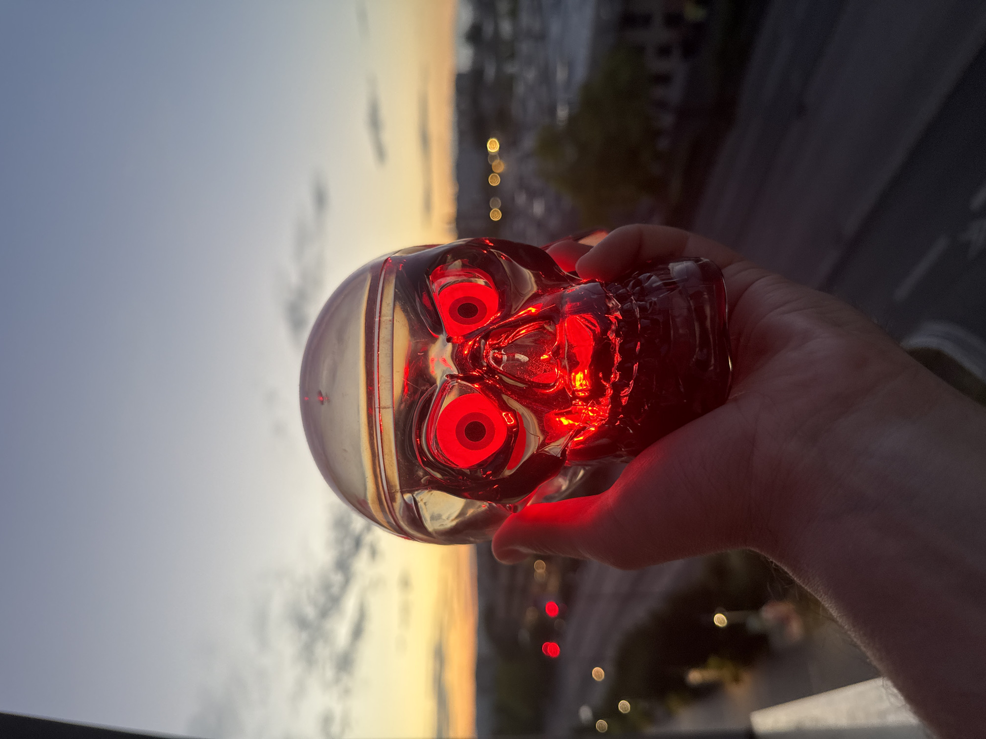 City dusk shots and a glowing plastic skull