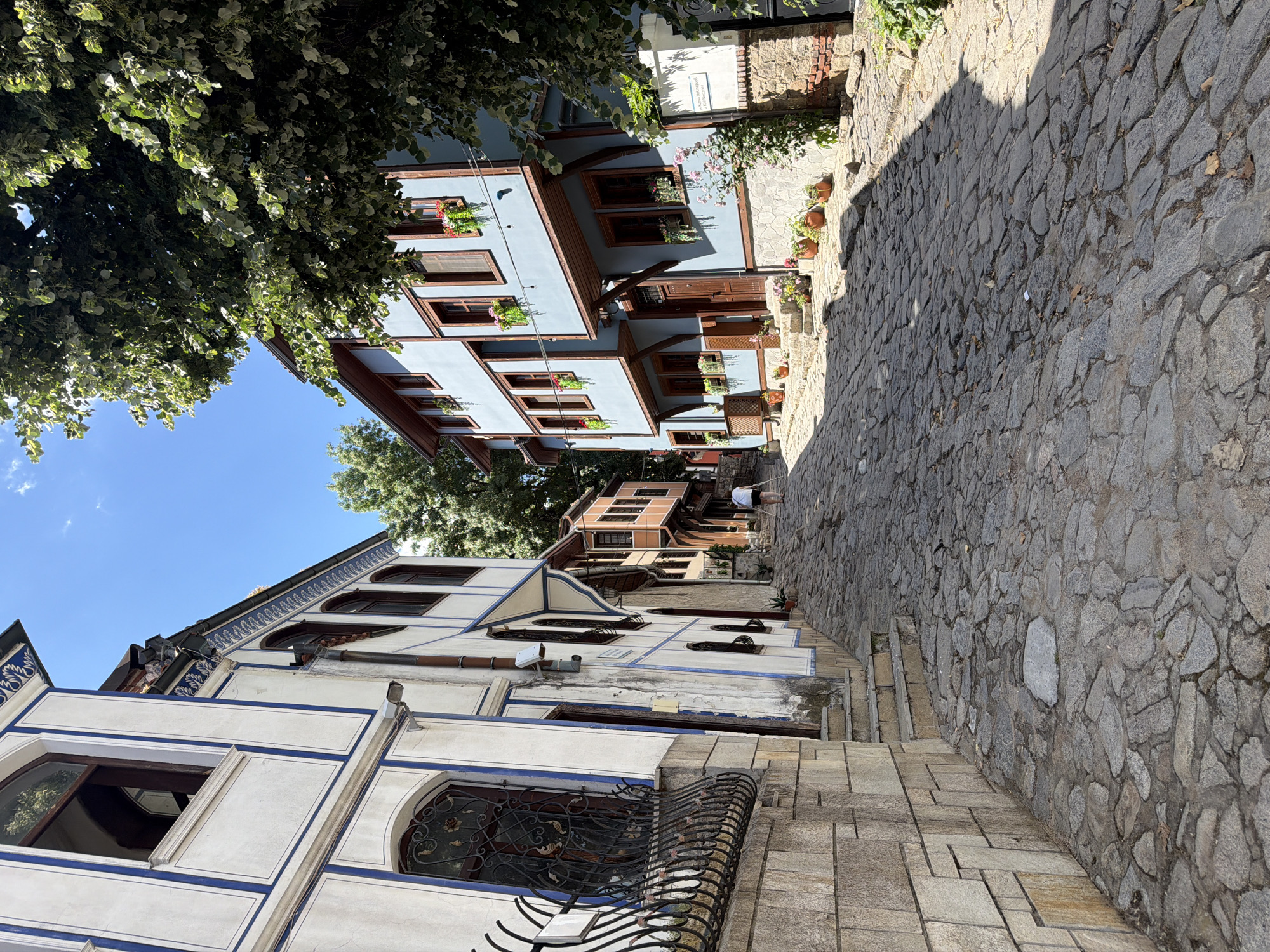 Traditional cobblestone street documented in Plovdiv Old Town