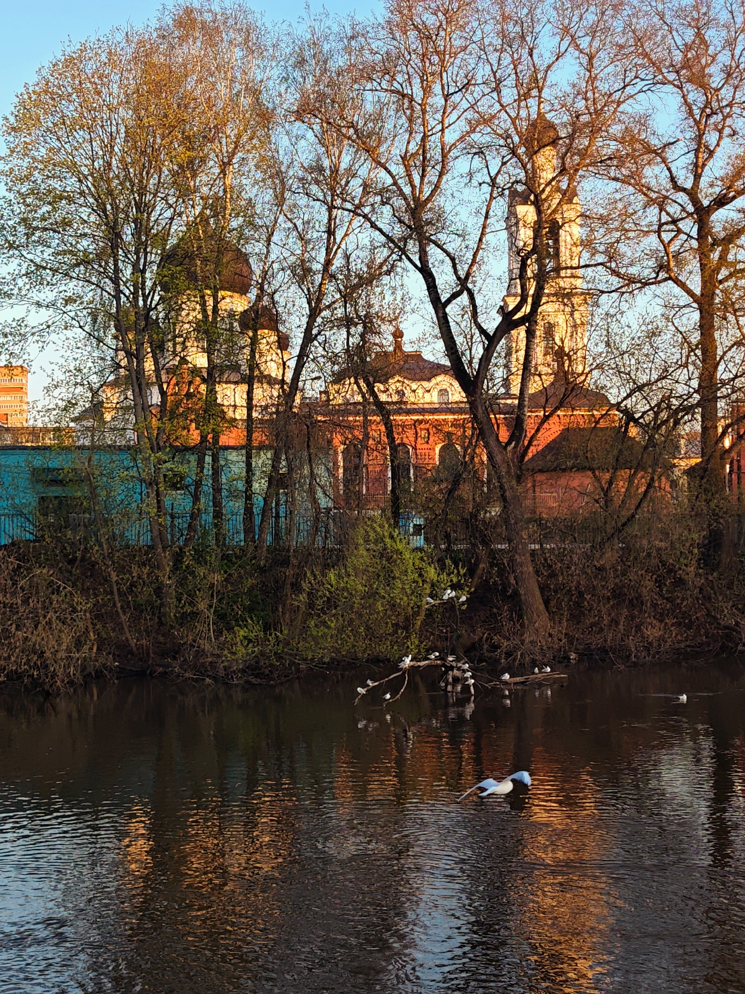 Evening waterfront scenes captured around Noginsk cathedral and industrial district