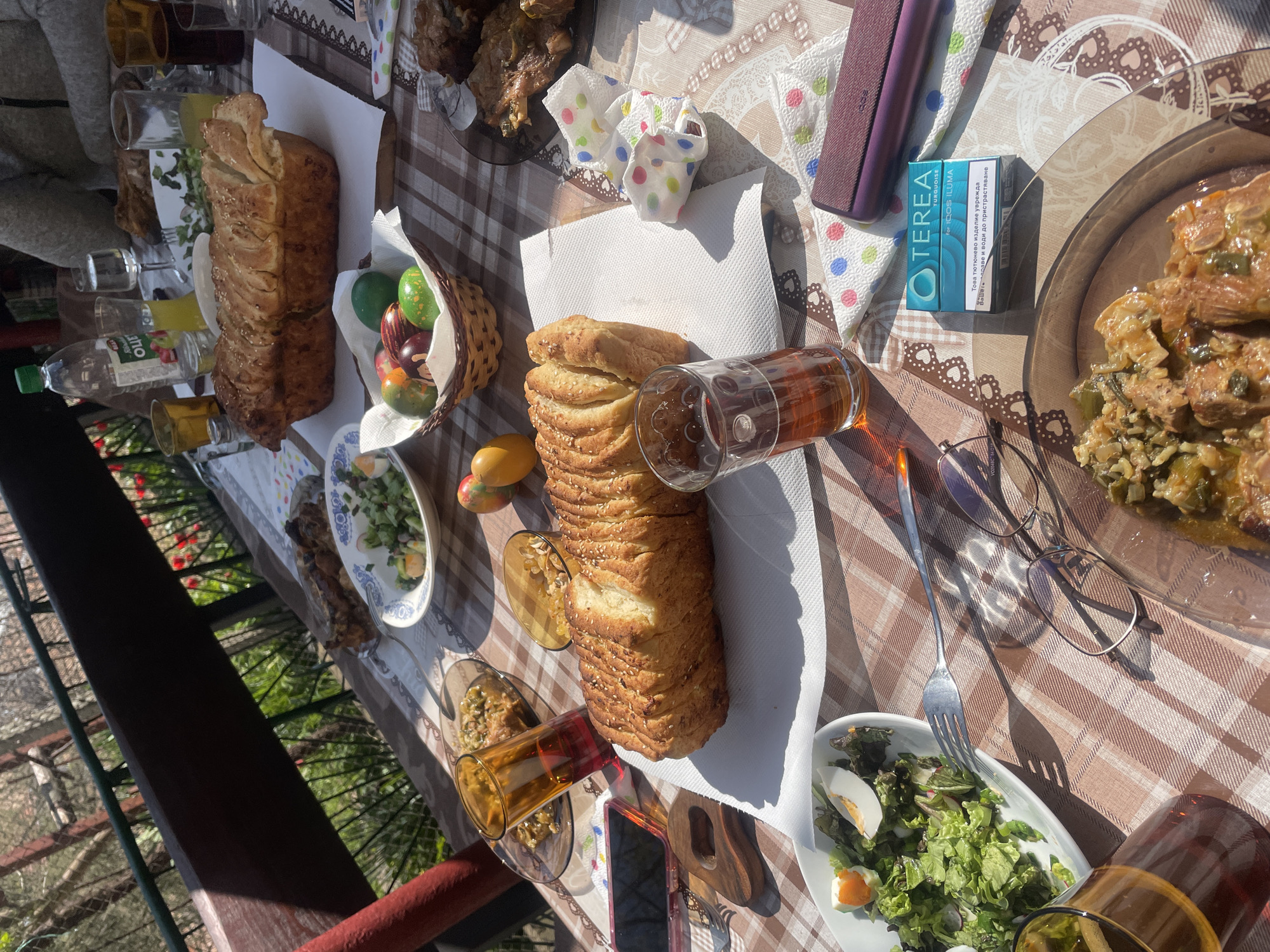 Outdoor meal with traditional foods observed in Sadovets, Bulgaria