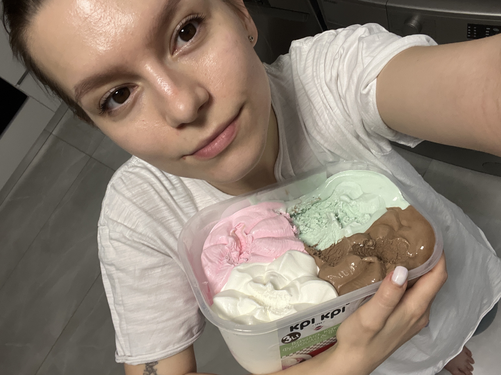 Multi-flavor ice cream tub, multiple angles, Limassol evening