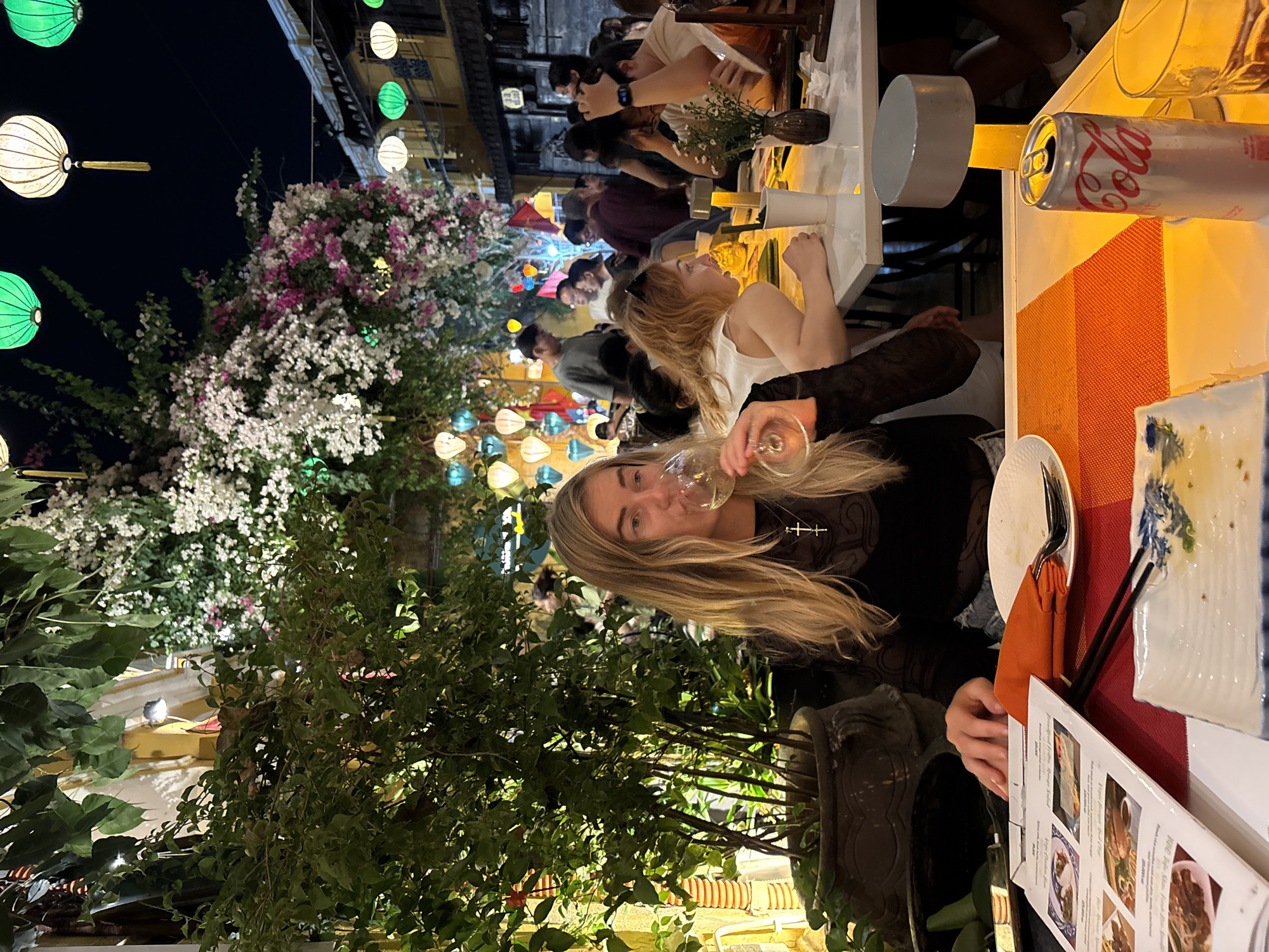 Group dining observed at Hội An restaurant with wine, food